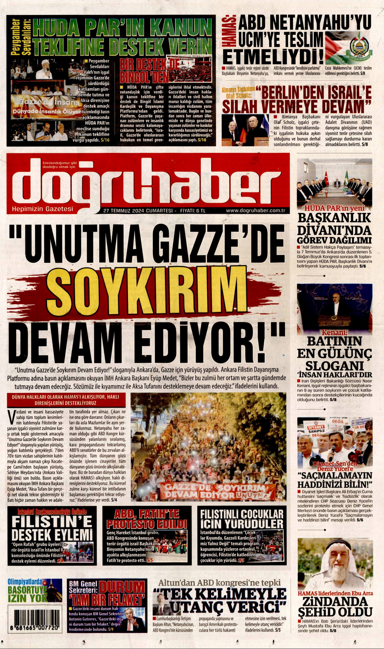 DOĞRU HABER gazetesinin 27 Temmuz 2024 tarihli birinci sayfası