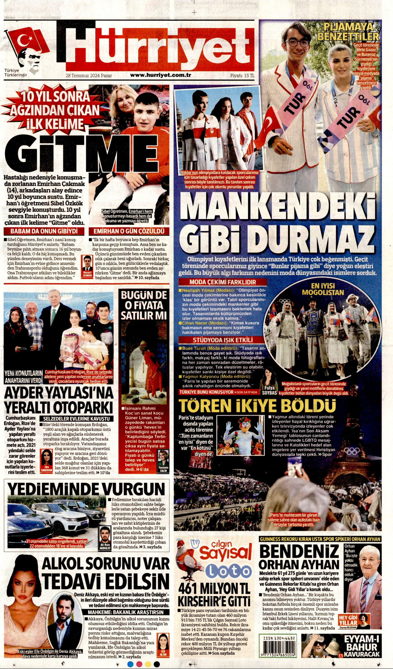 HÜRRİYET gazetesinin 28 Temmuz 2024 tarihli birinci sayfası
