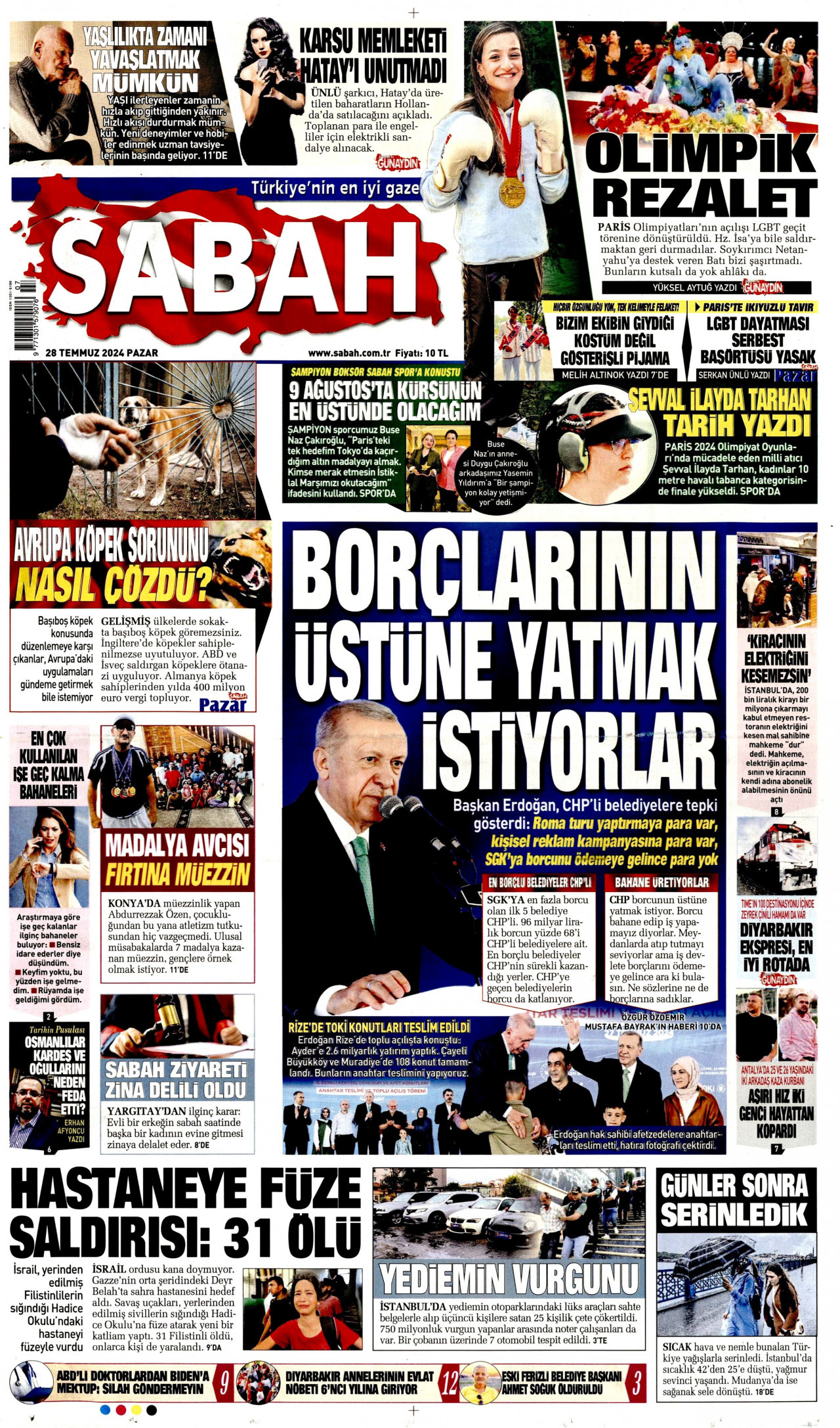 SABAH gazetesinin 28 Temmuz 2024 tarihli birinci sayfası