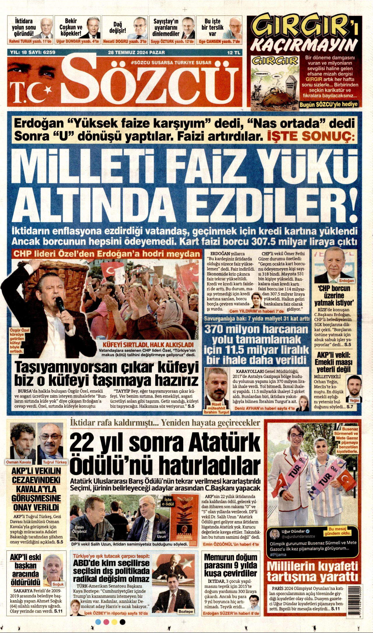 SÖZCÜ gazetesinin 28 Temmuz 2024 tarihli birinci sayfası