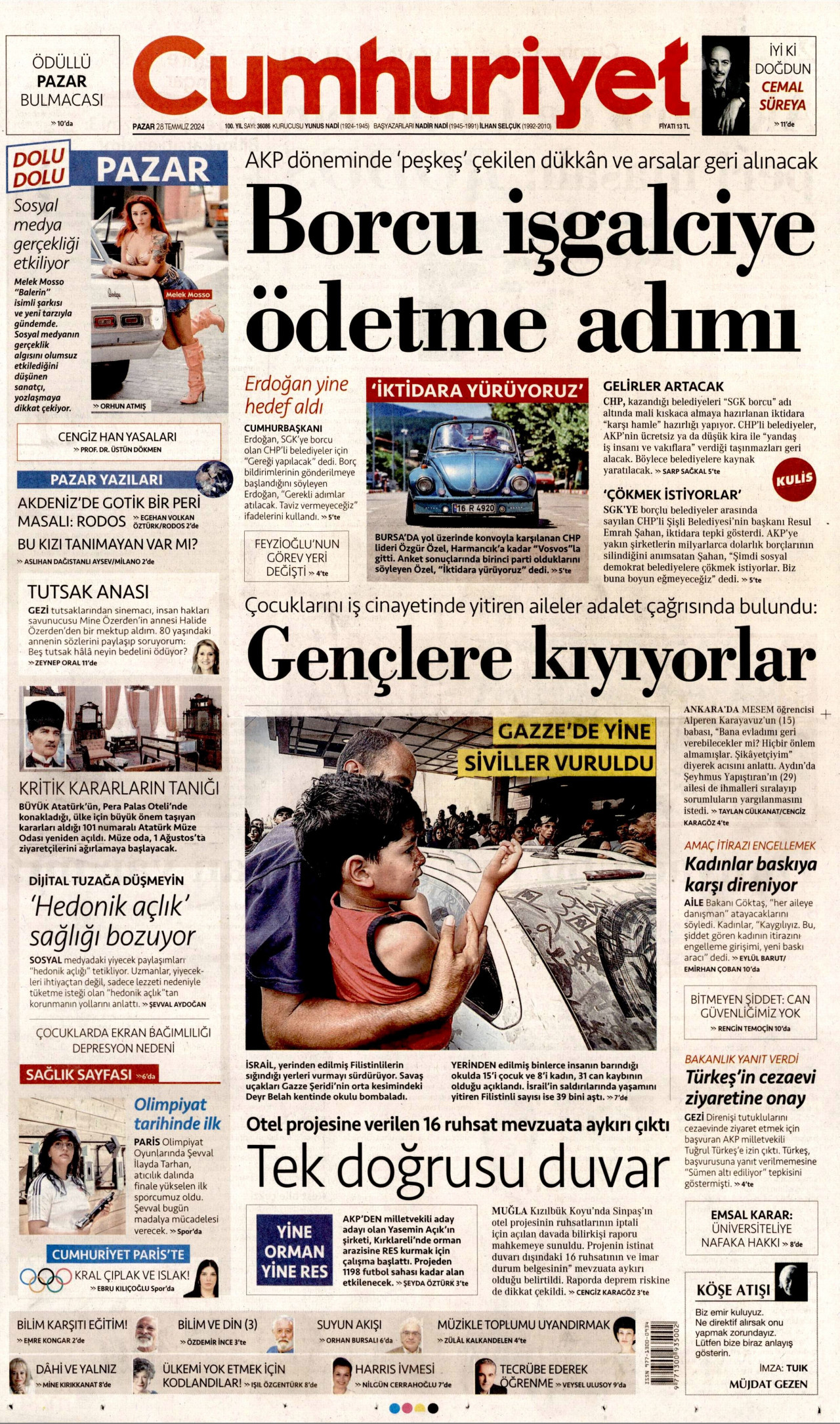 CUMHURİYET gazetesinin 28 Temmuz 2024 tarihli birinci sayfası