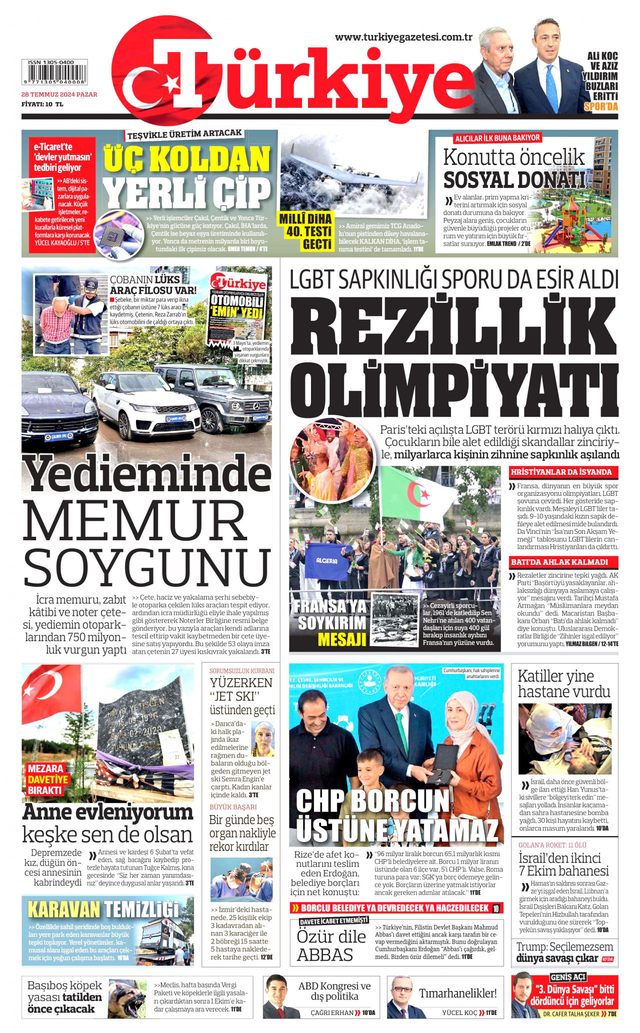 TÜRKİYE GAZETESİ gazetesinin 28 Temmuz 2024 tarihli birinci sayfası