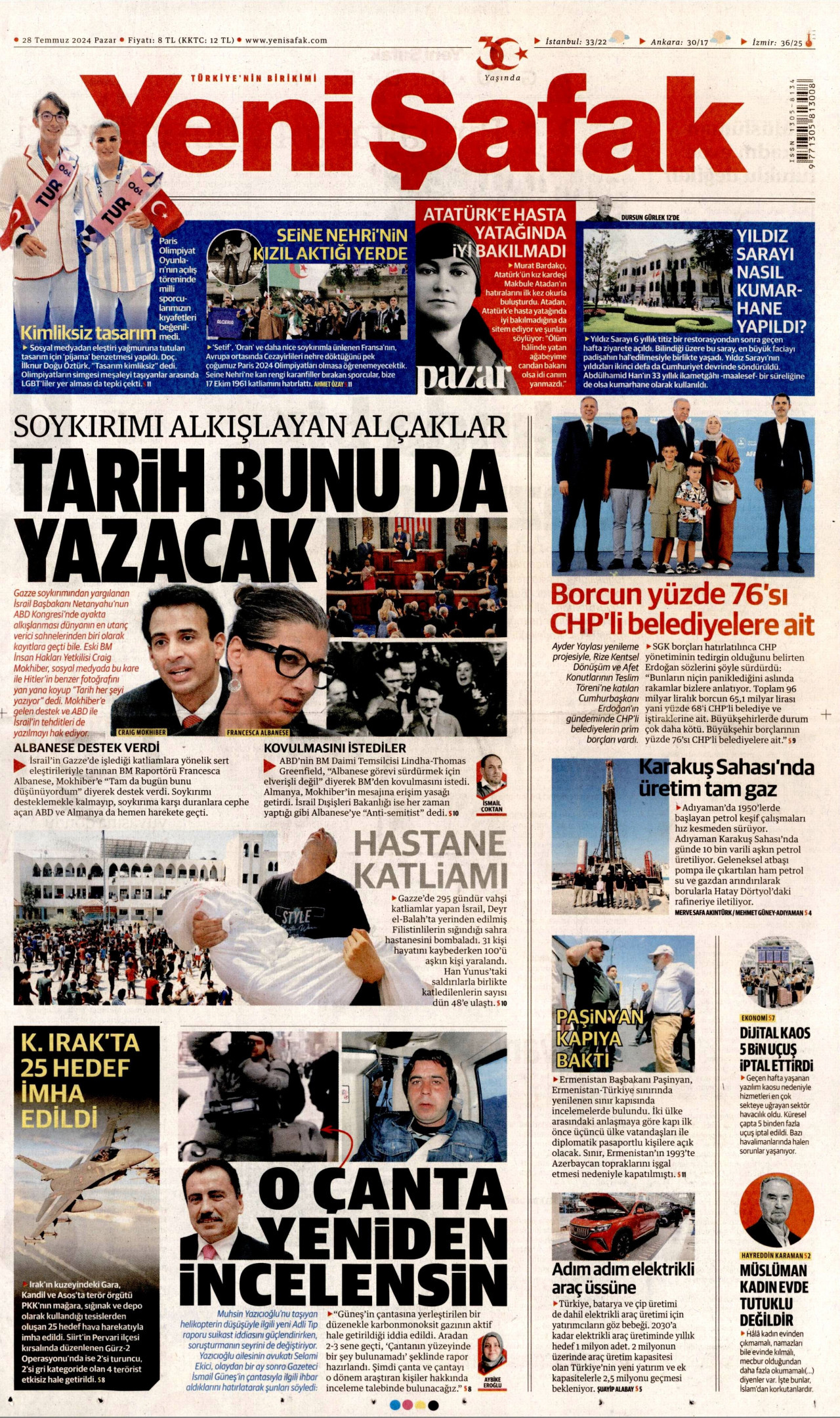 YENİ ŞAFAK gazetesinin 28 Temmuz 2024 tarihli birinci sayfası