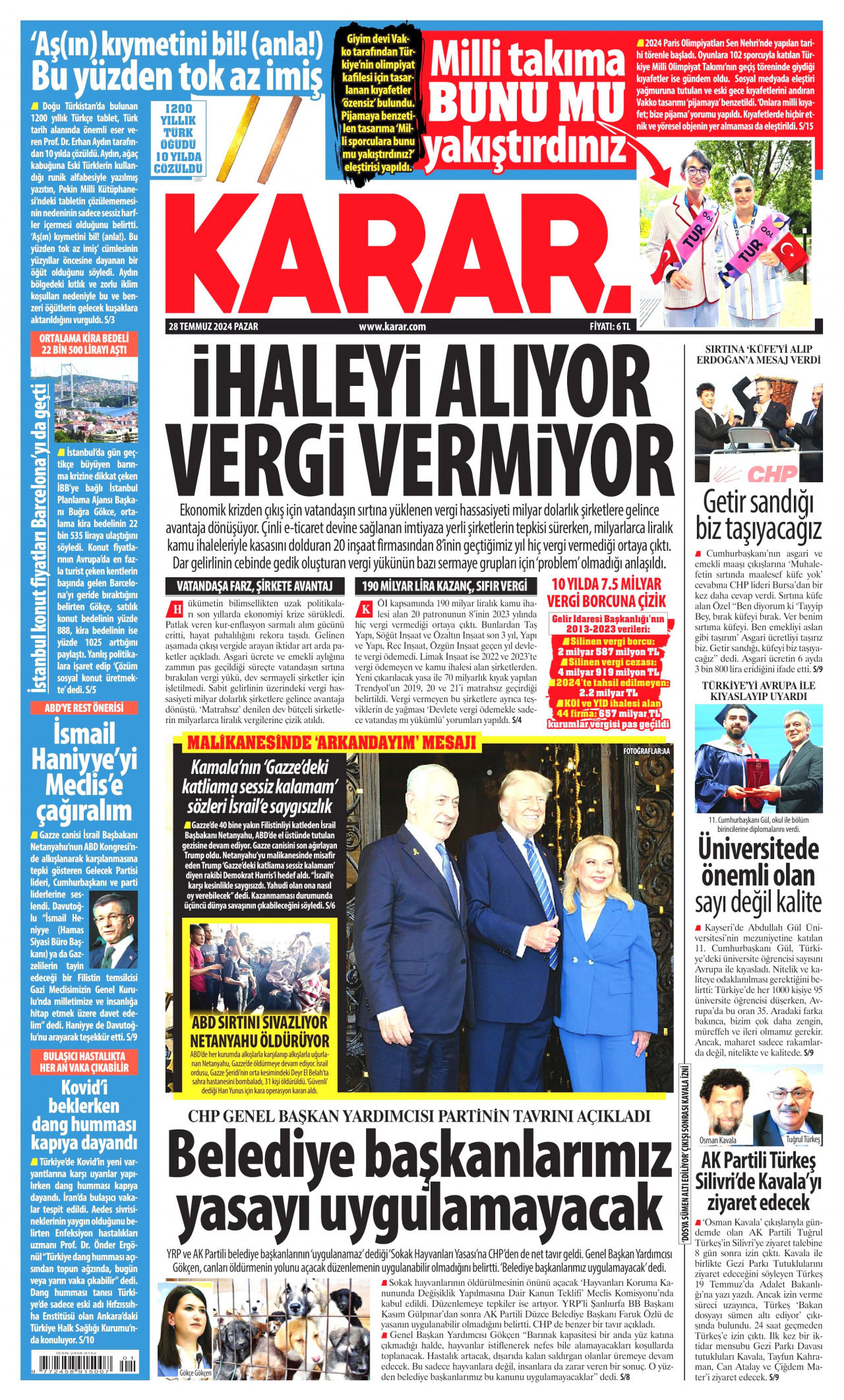 KARAR gazetesinin 28 Temmuz 2024 tarihli birinci sayfası