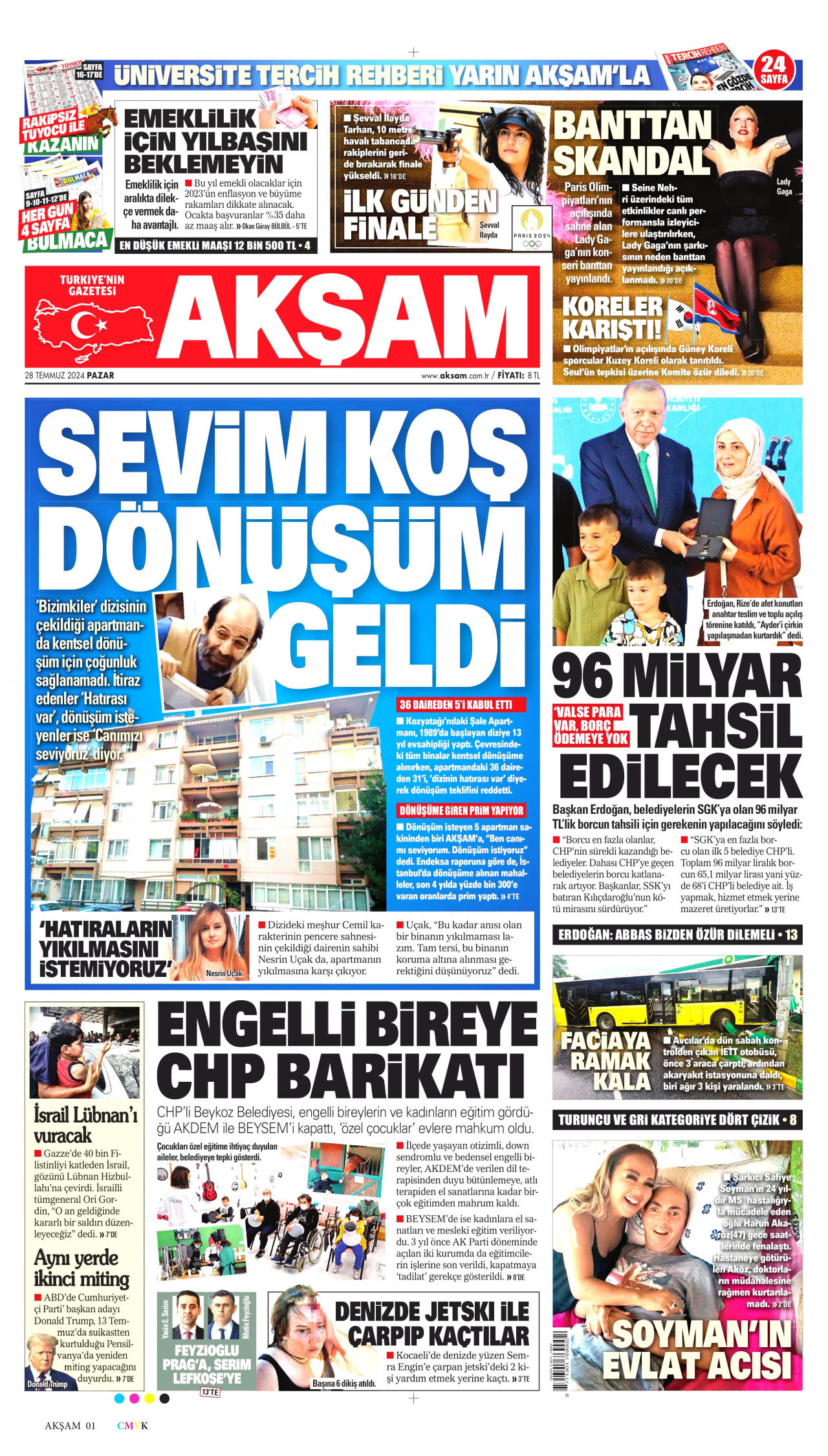 AKŞAM gazetesinin 28 Temmuz 2024 tarihli birinci sayfası