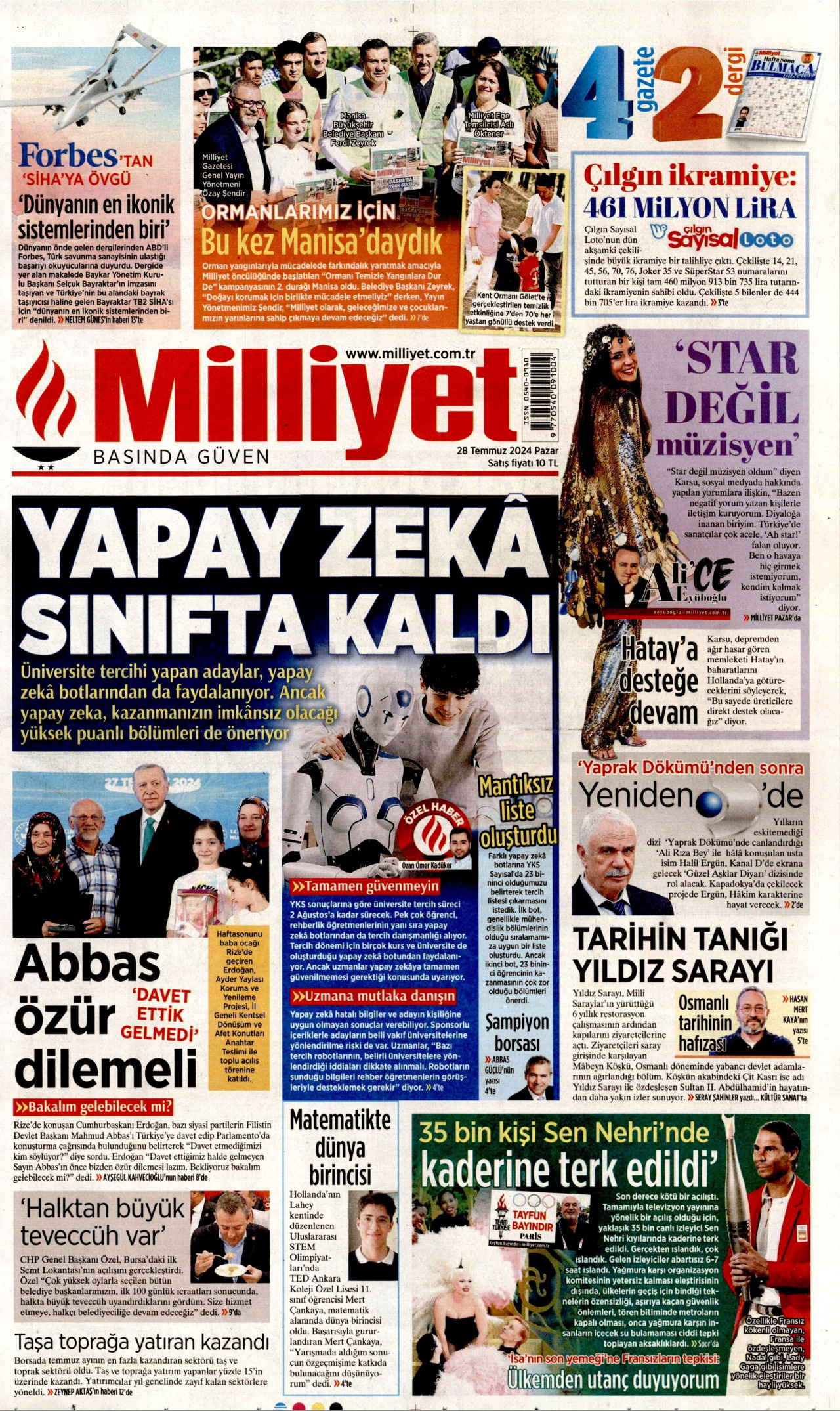 MİLLİYET gazetesinin 28 Temmuz 2024 tarihli birinci sayfası