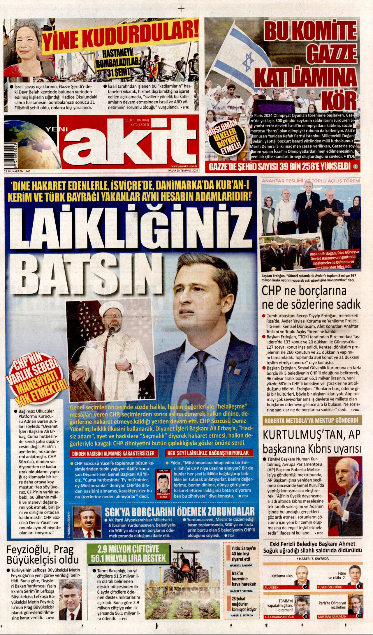 YENİ AKİT gazetesinin 28 Temmuz 2024 tarihli birinci sayfası