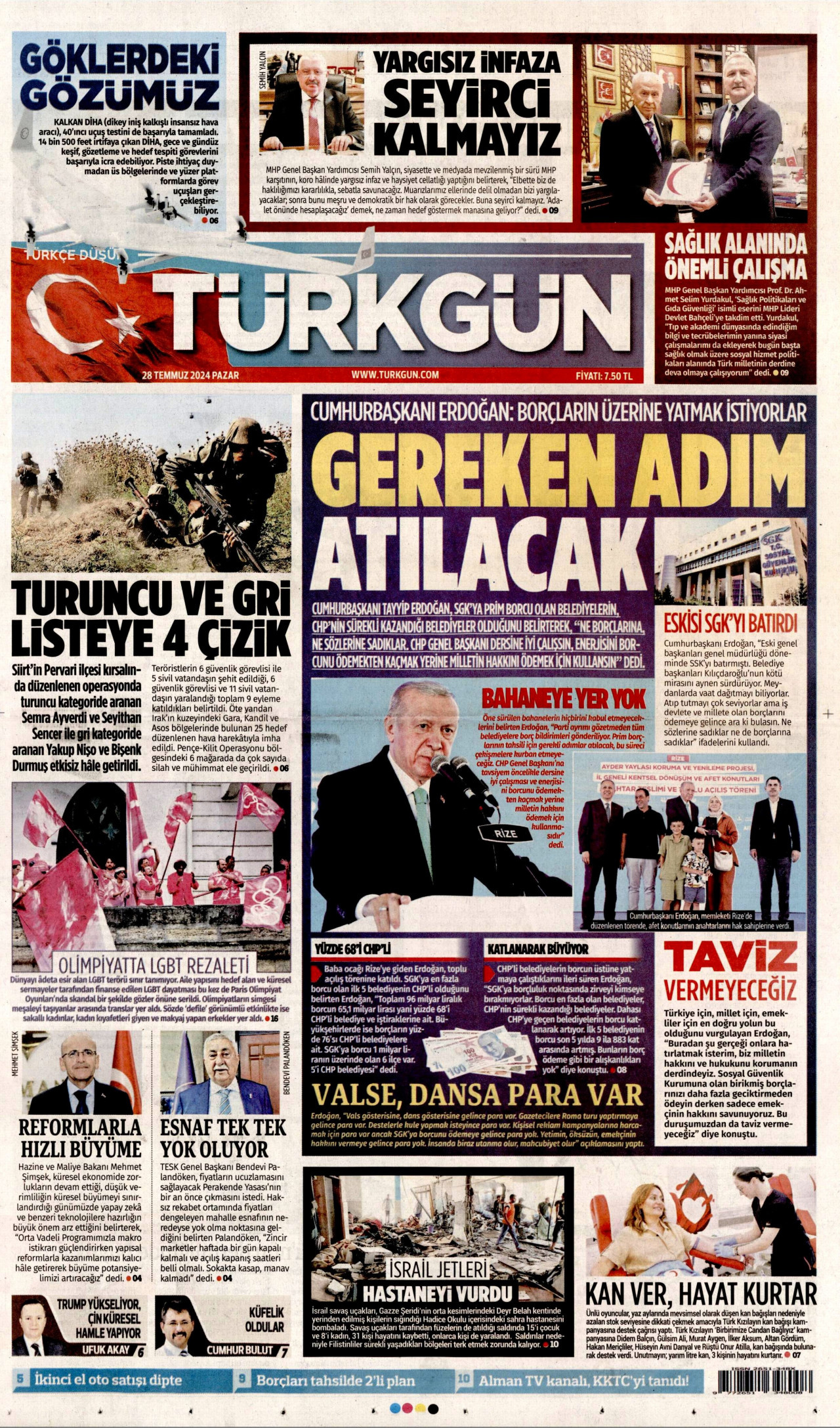 TÜRKGÜN gazetesinin 28 Temmuz 2024 tarihli birinci sayfası