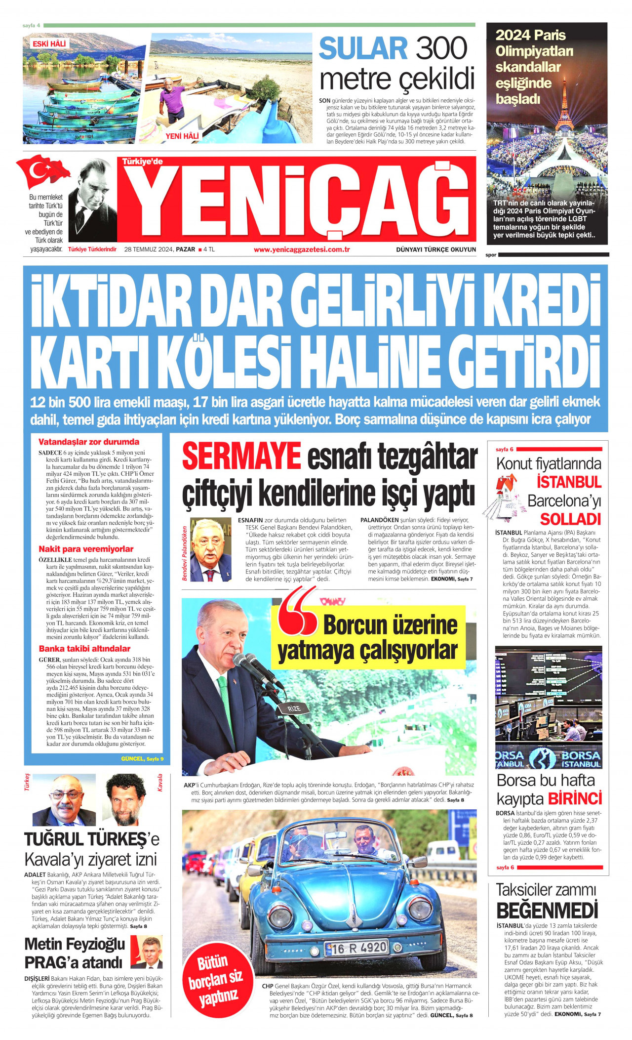 YENİÇAĞ gazetesinin 28 Temmuz 2024 tarihli birinci sayfası