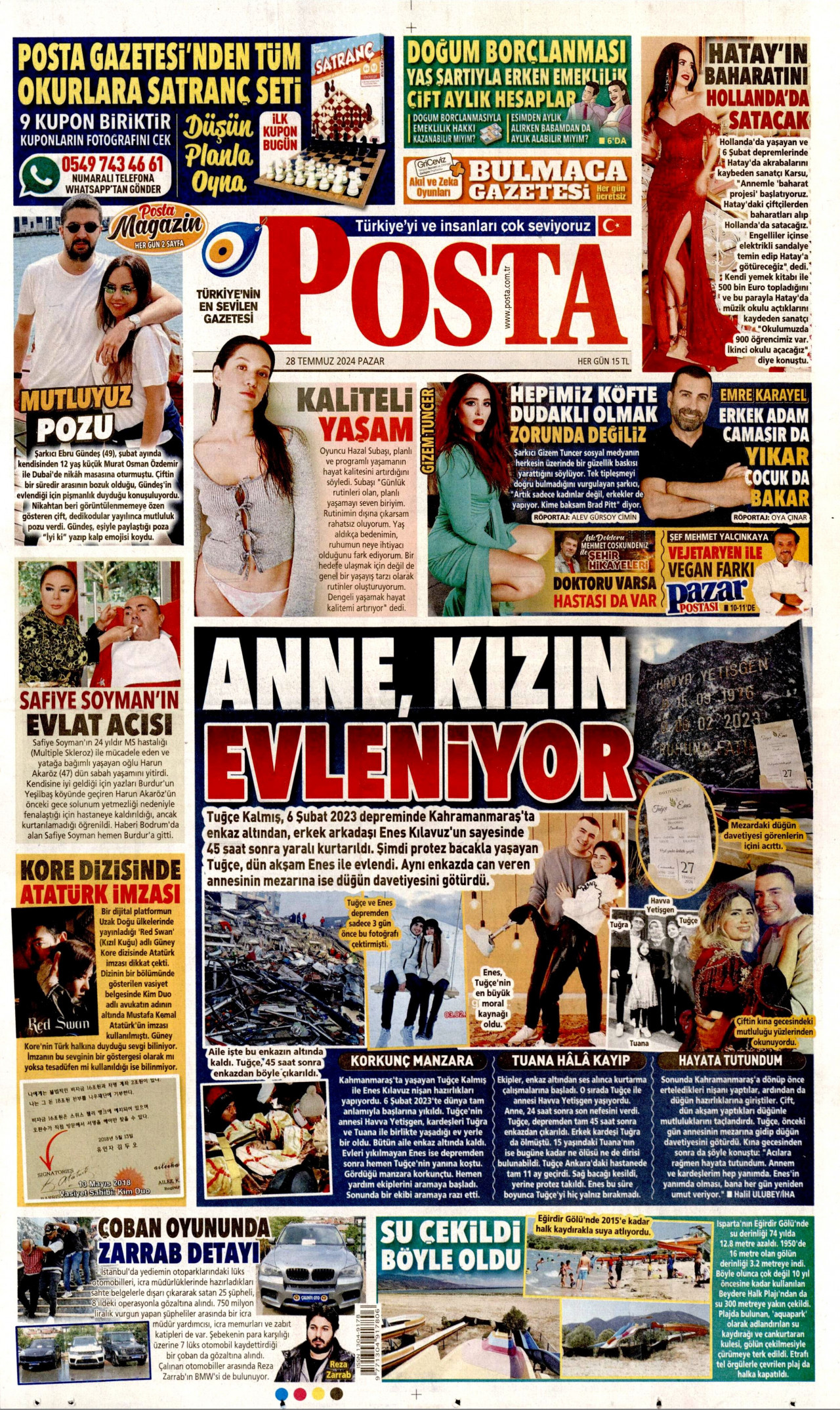 POSTA gazetesinin 28 Temmuz 2024 tarihli birinci sayfası