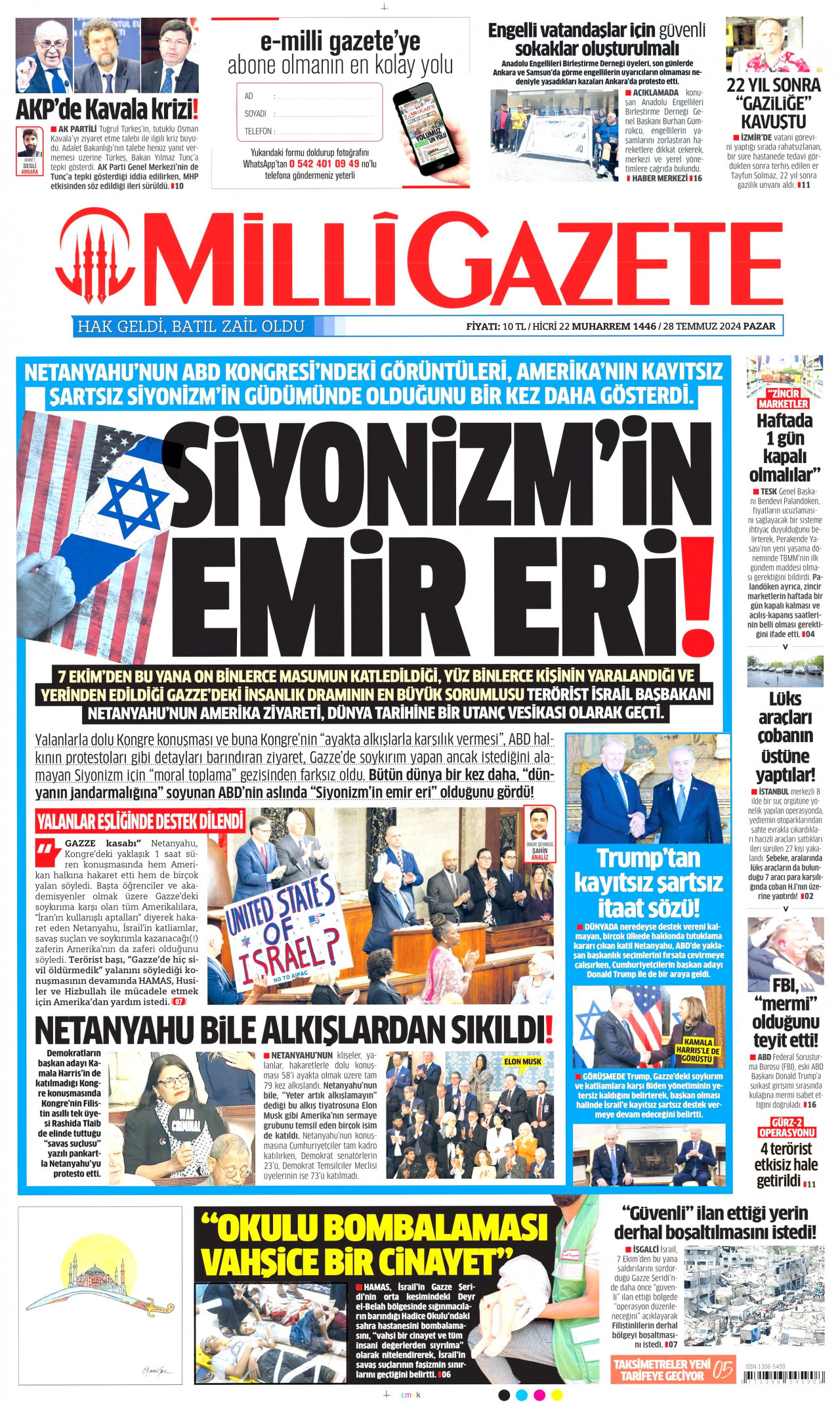 MİLLİ GAZETE gazetesinin 28 Temmuz 2024 tarihli birinci sayfası