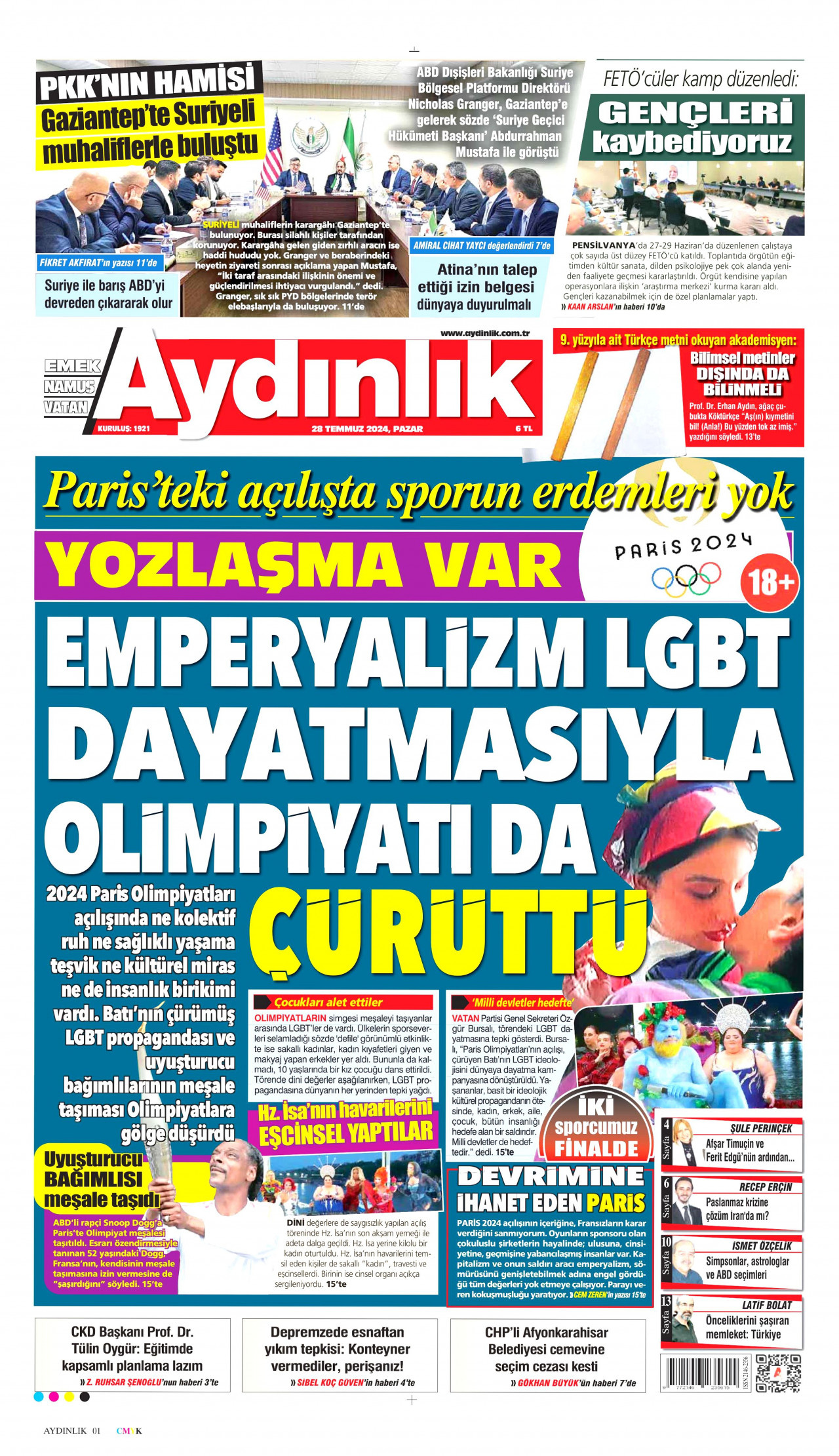 AYDINLIK GAZETESİ gazetesinin 28 Temmuz 2024 tarihli birinci sayfası