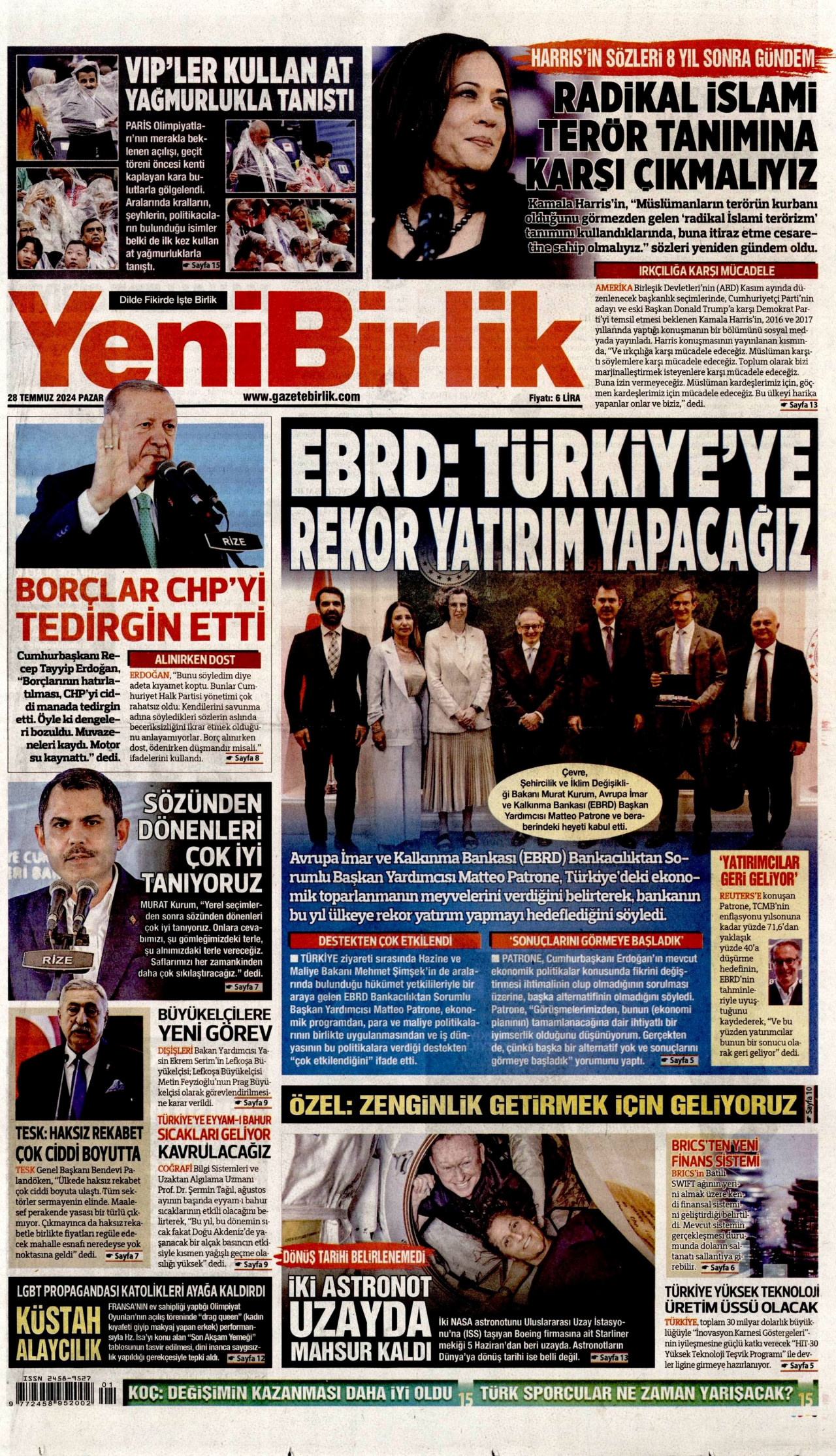 YENİBİRLİK gazetesinin 28 Temmuz 2024 tarihli birinci sayfası