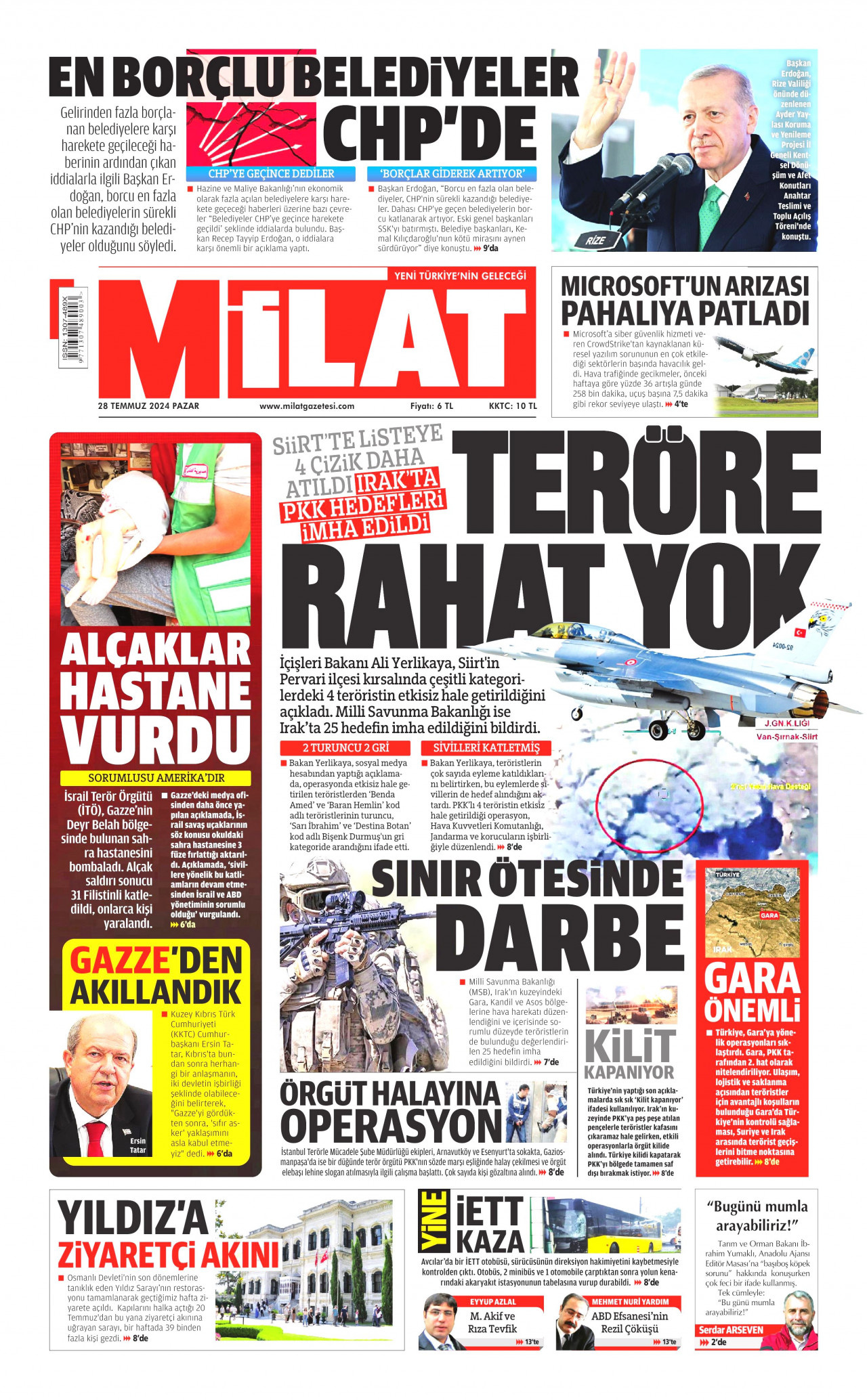MİLAT gazetesinin 28 Temmuz 2024 tarihli birinci sayfası