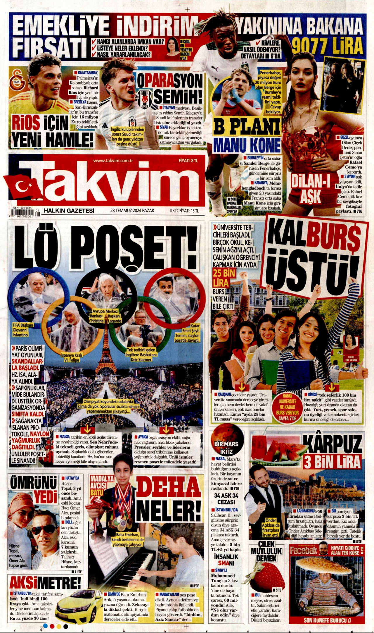 TAKVİM gazetesinin 28 Temmuz 2024 tarihli birinci sayfası