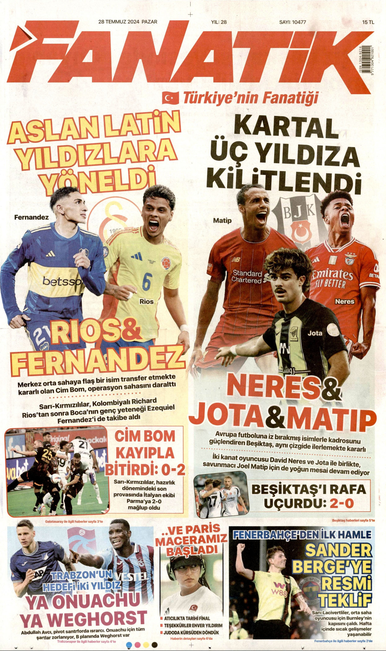 FANATİK gazetesinin 28 Temmuz 2024 tarihli birinci sayfası