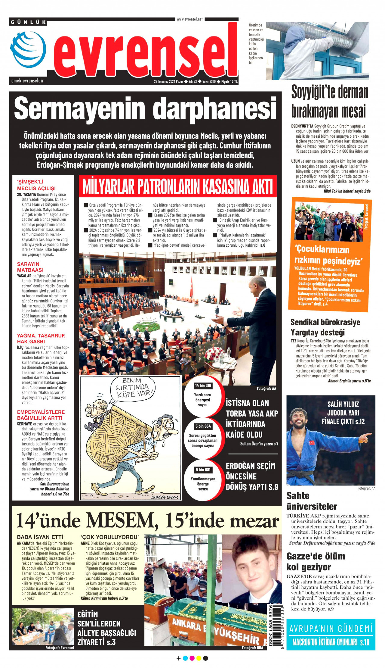 EVRENSEL gazetesinin 28 Temmuz 2024 tarihli birinci sayfası