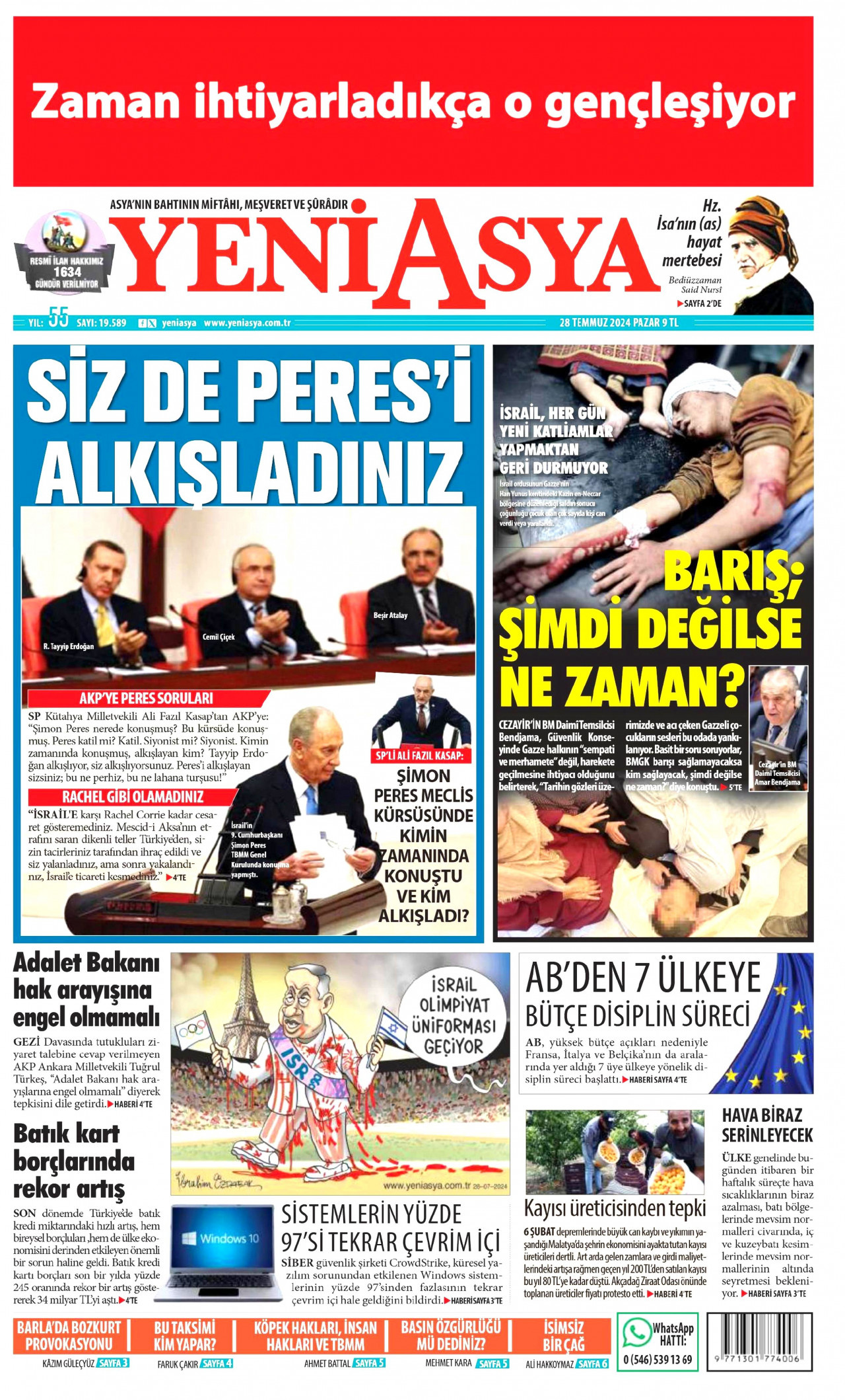 YENİ ASYA gazetesinin 28 Temmuz 2024 tarihli birinci sayfası