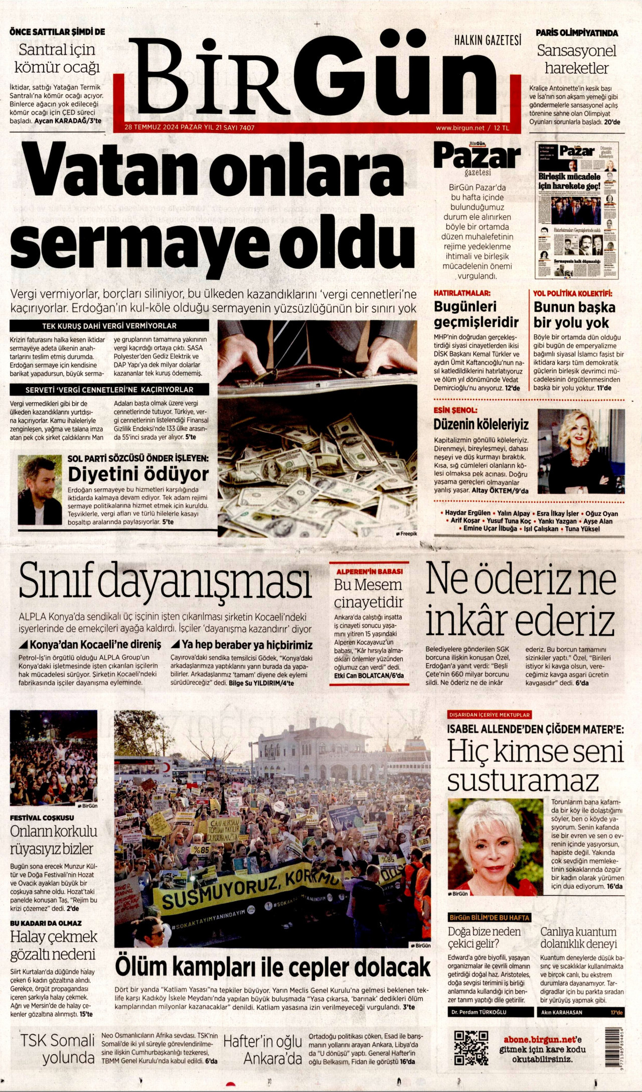 BİRGÜN gazetesinin 28 Temmuz 2024 tarihli birinci sayfası
