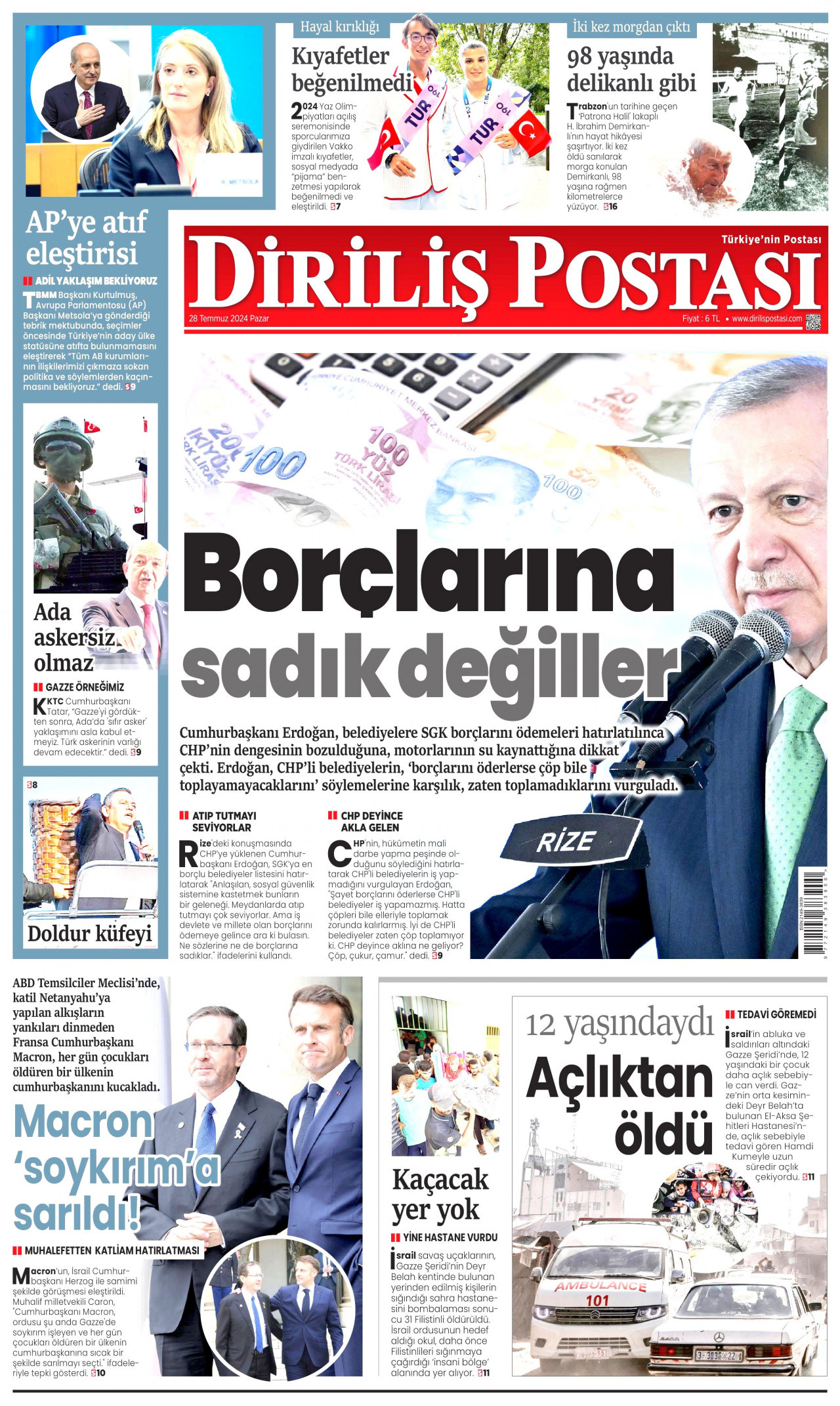 DİRİLİŞ POSTASI gazetesinin 28 Temmuz 2024 tarihli birinci sayfası