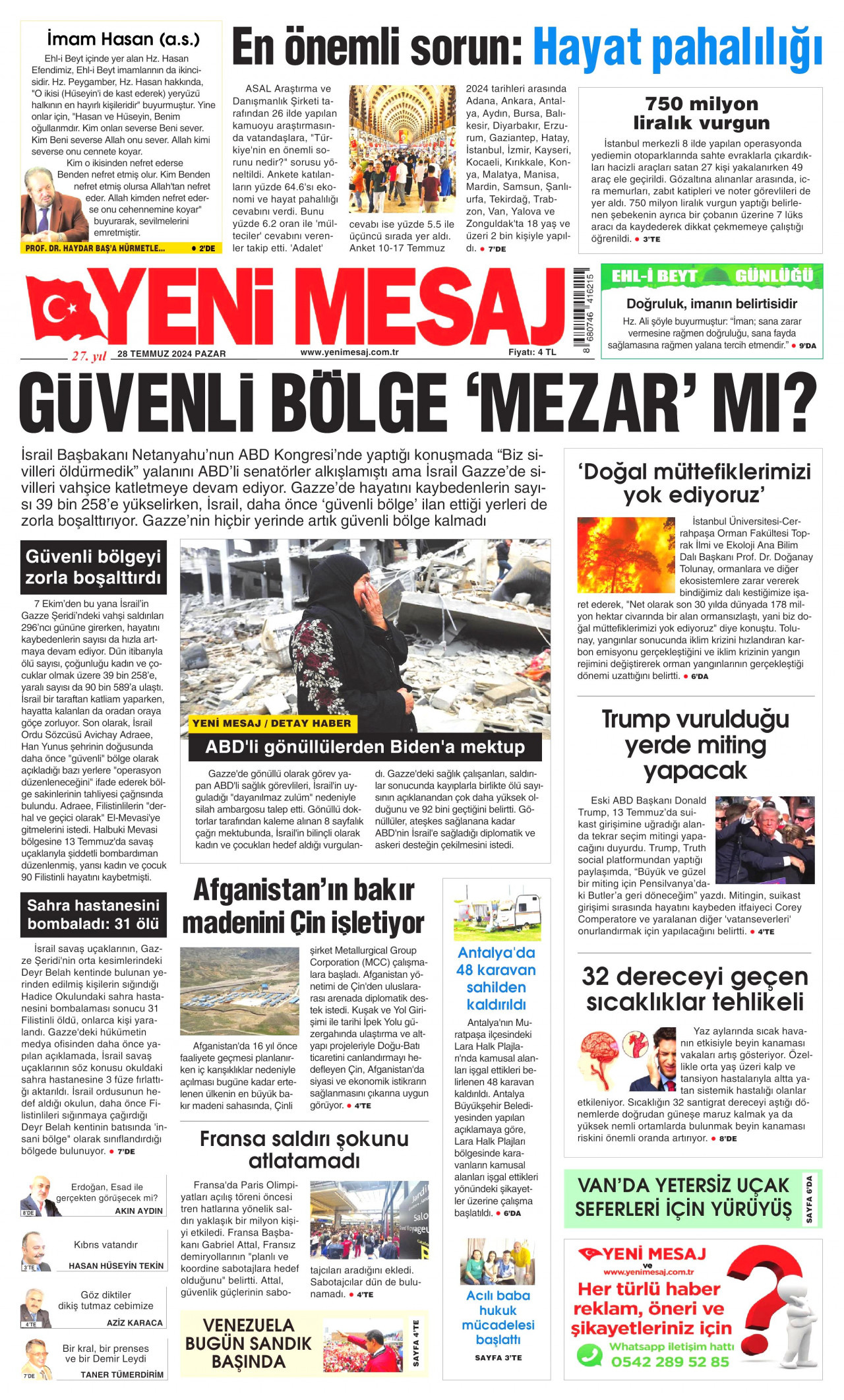 YENİ MESAJ gazetesinin 28 Temmuz 2024 tarihli birinci sayfası