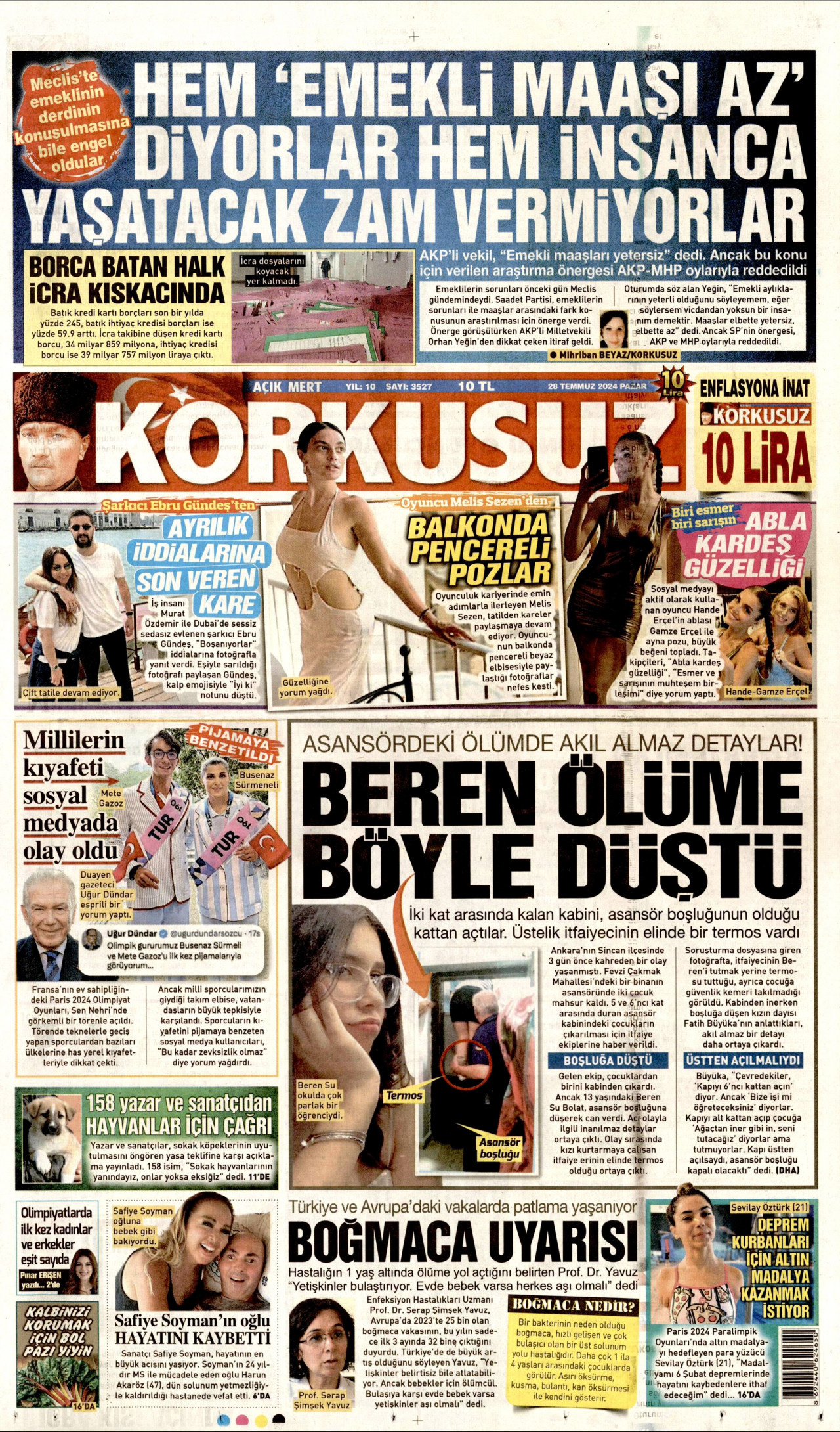 KORKUSUZ gazetesinin 28 Temmuz 2024 tarihli birinci sayfası