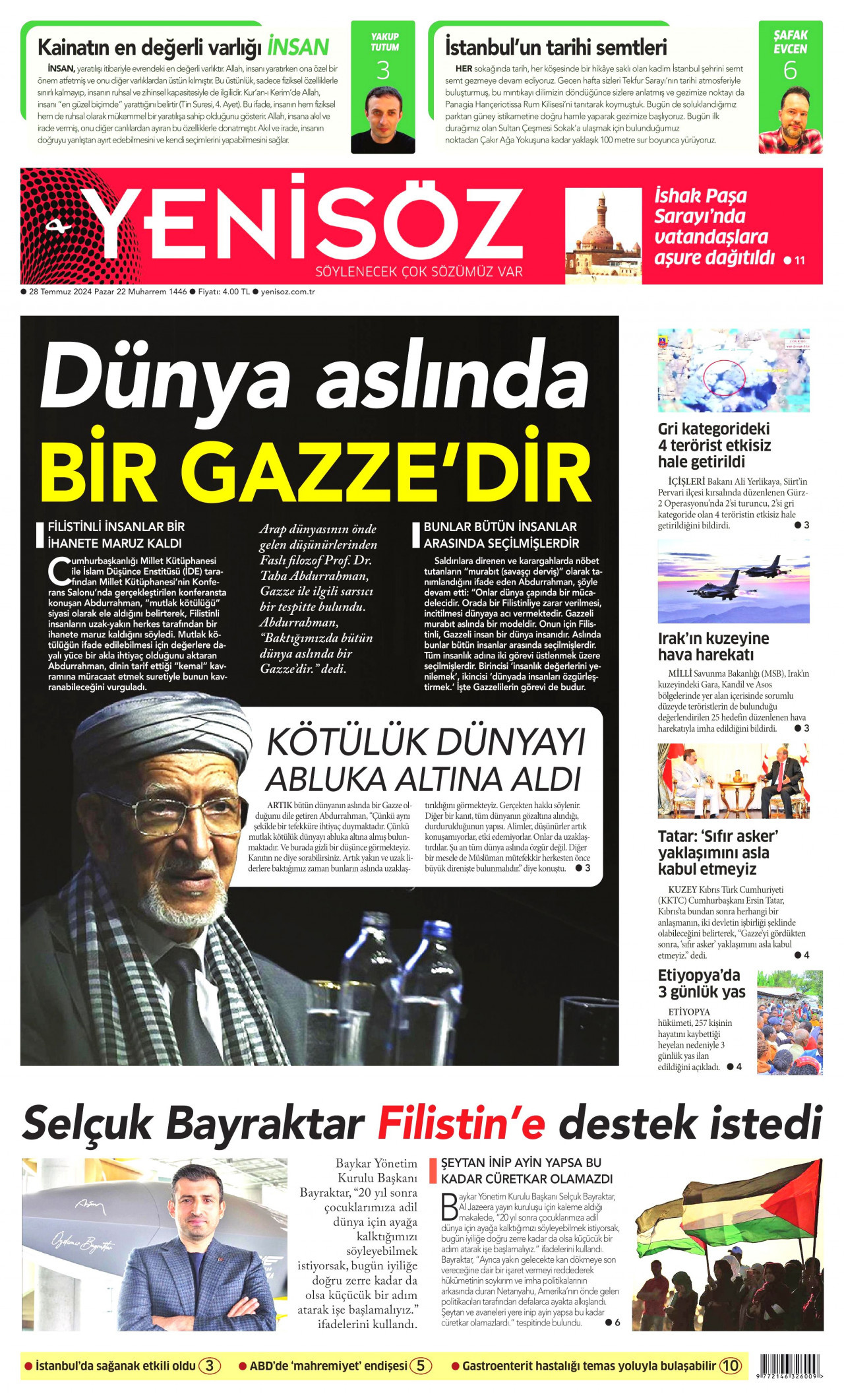 YENİ SÖZ GAZETESİ gazetesinin 28 Temmuz 2024 tarihli birinci sayfası