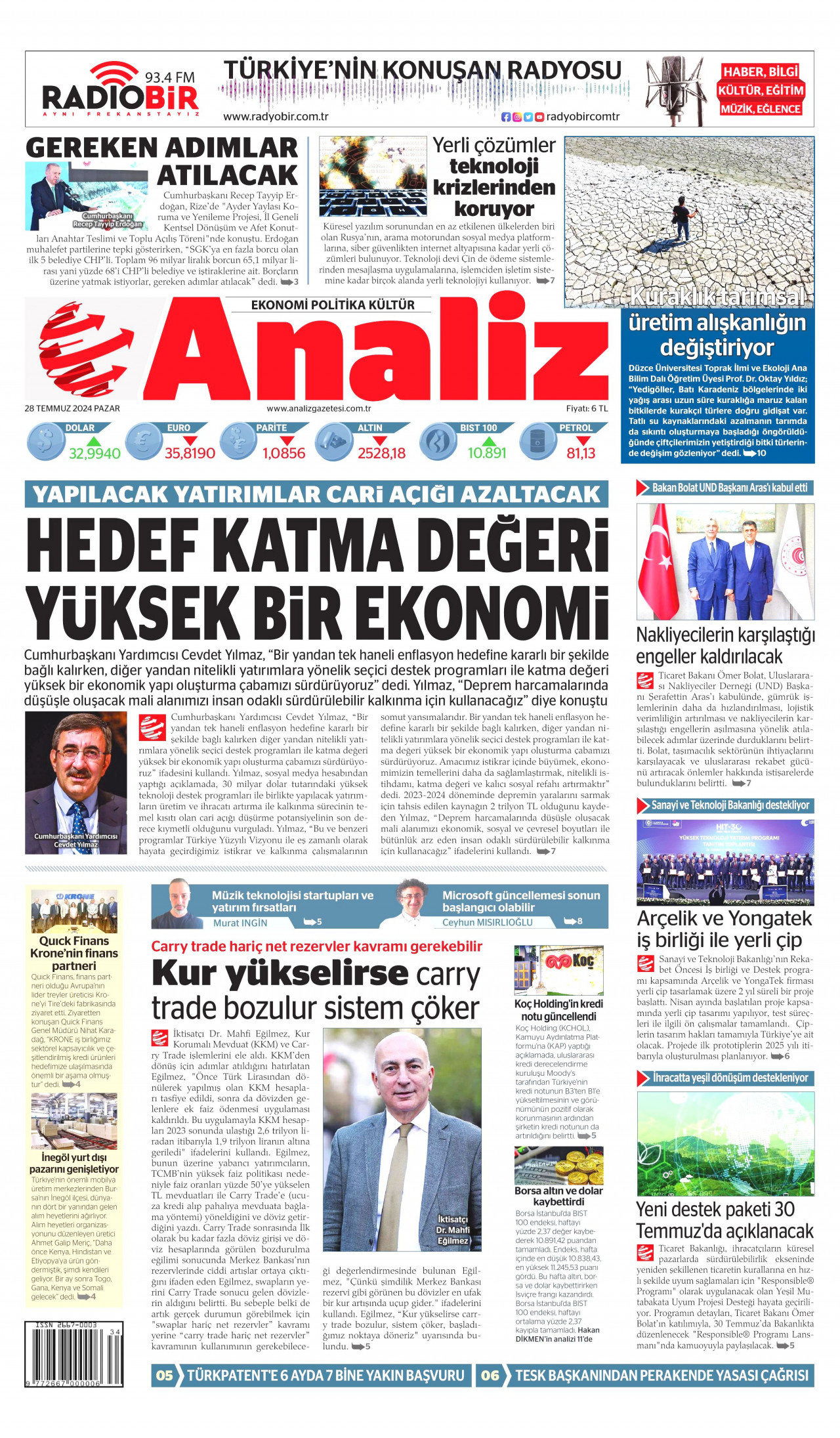 ANALİZ gazetesinin 28 Temmuz 2024 tarihli birinci sayfası