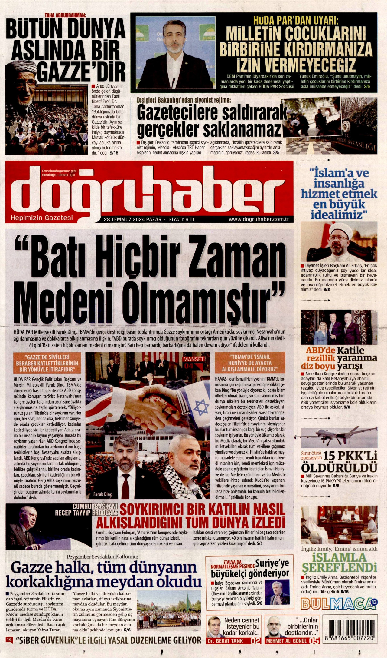 DOĞRU HABER gazetesinin 28 Temmuz 2024 tarihli birinci sayfası