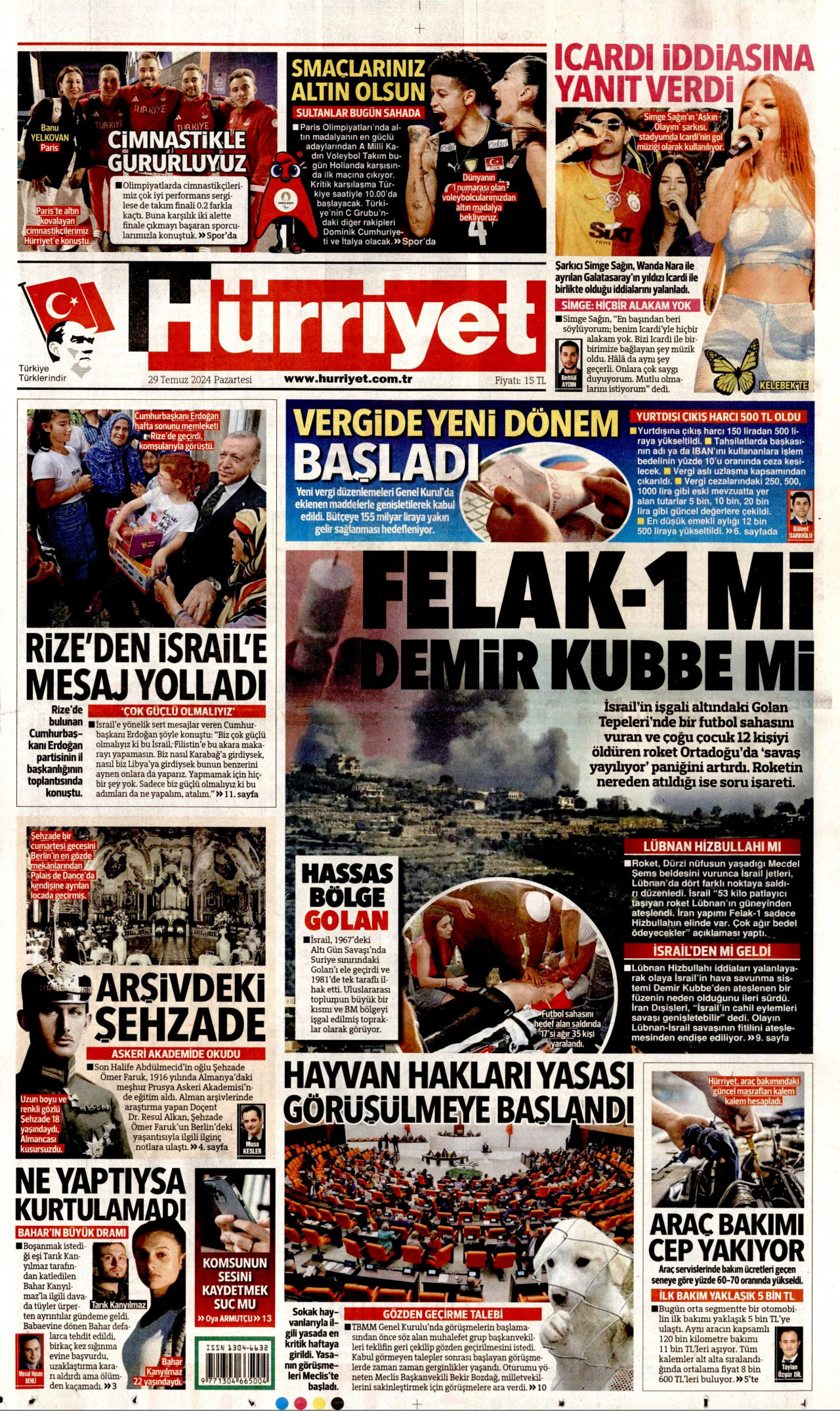 HÜRRİYET gazetesinin 29 Temmuz 2024 tarihli birinci sayfası