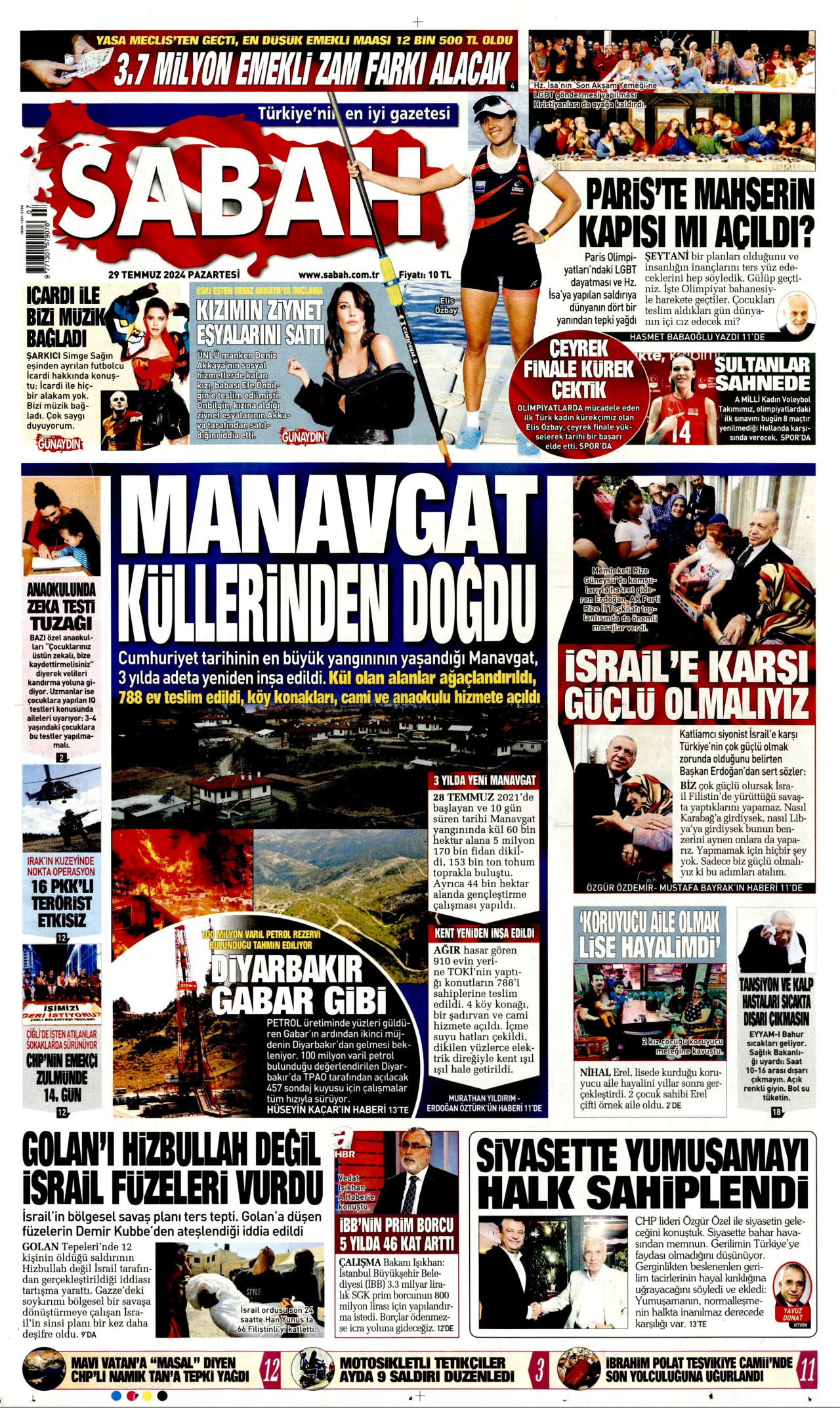 SABAH gazetesinin 29 Temmuz 2024 tarihli birinci sayfası