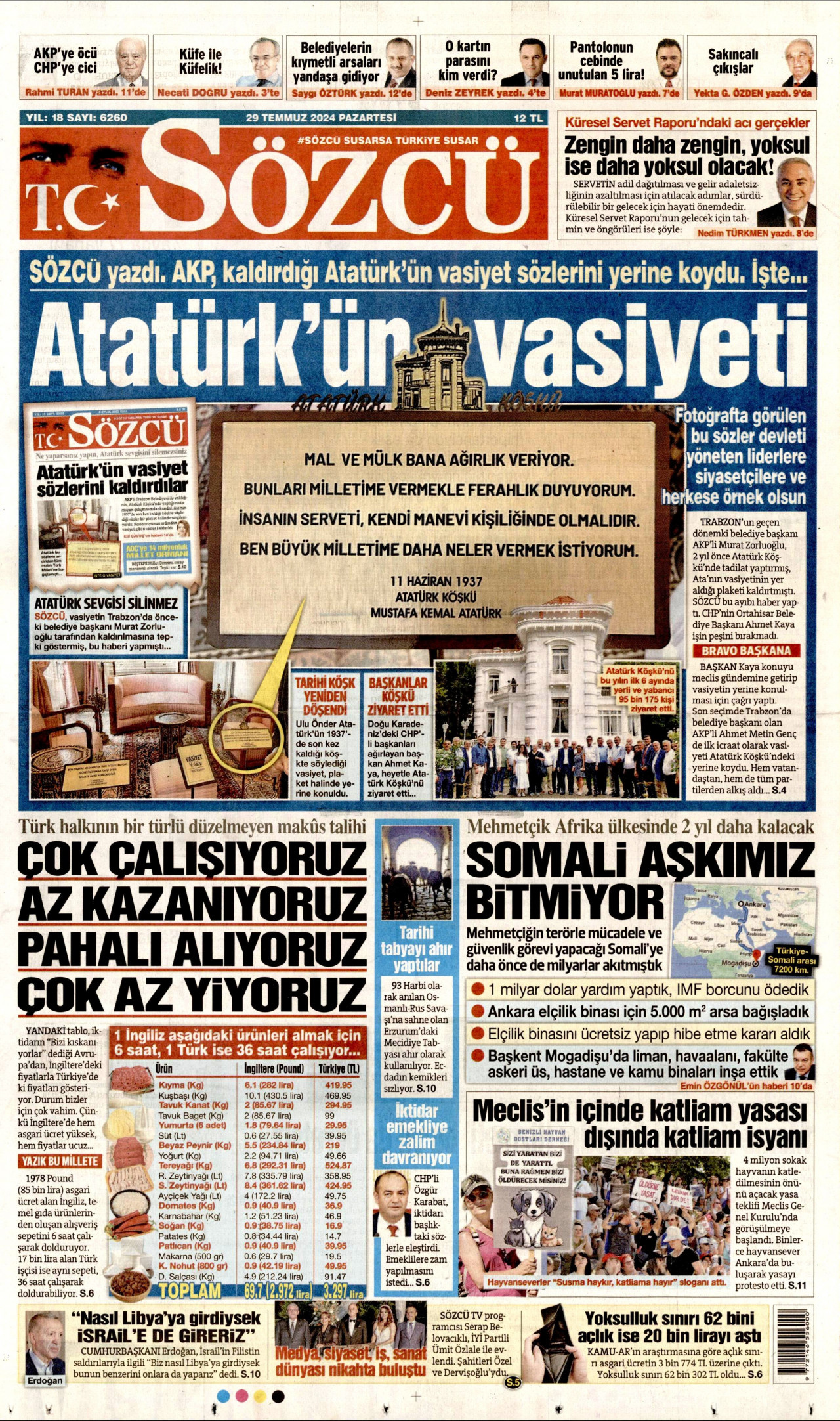 SÖZCÜ gazetesinin 29 Temmuz 2024 tarihli birinci sayfası