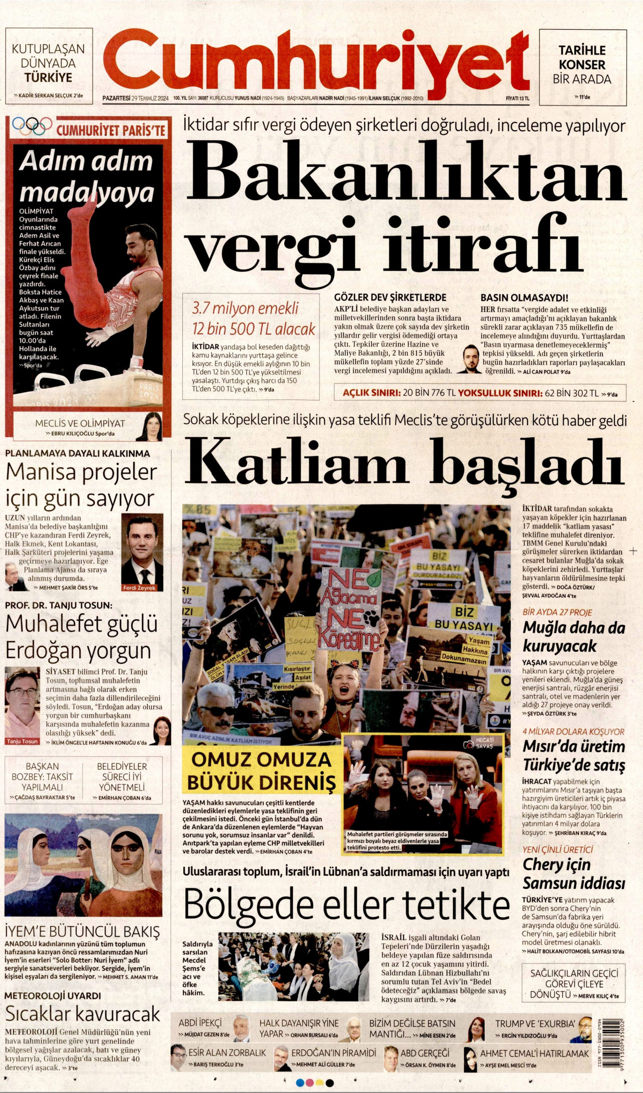 CUMHURİYET gazetesinin 29 Temmuz 2024 tarihli birinci sayfası