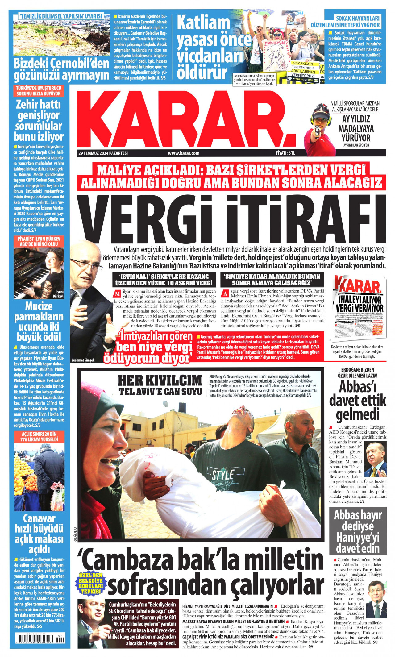 KARAR gazetesinin 29 Temmuz 2024 tarihli birinci sayfası