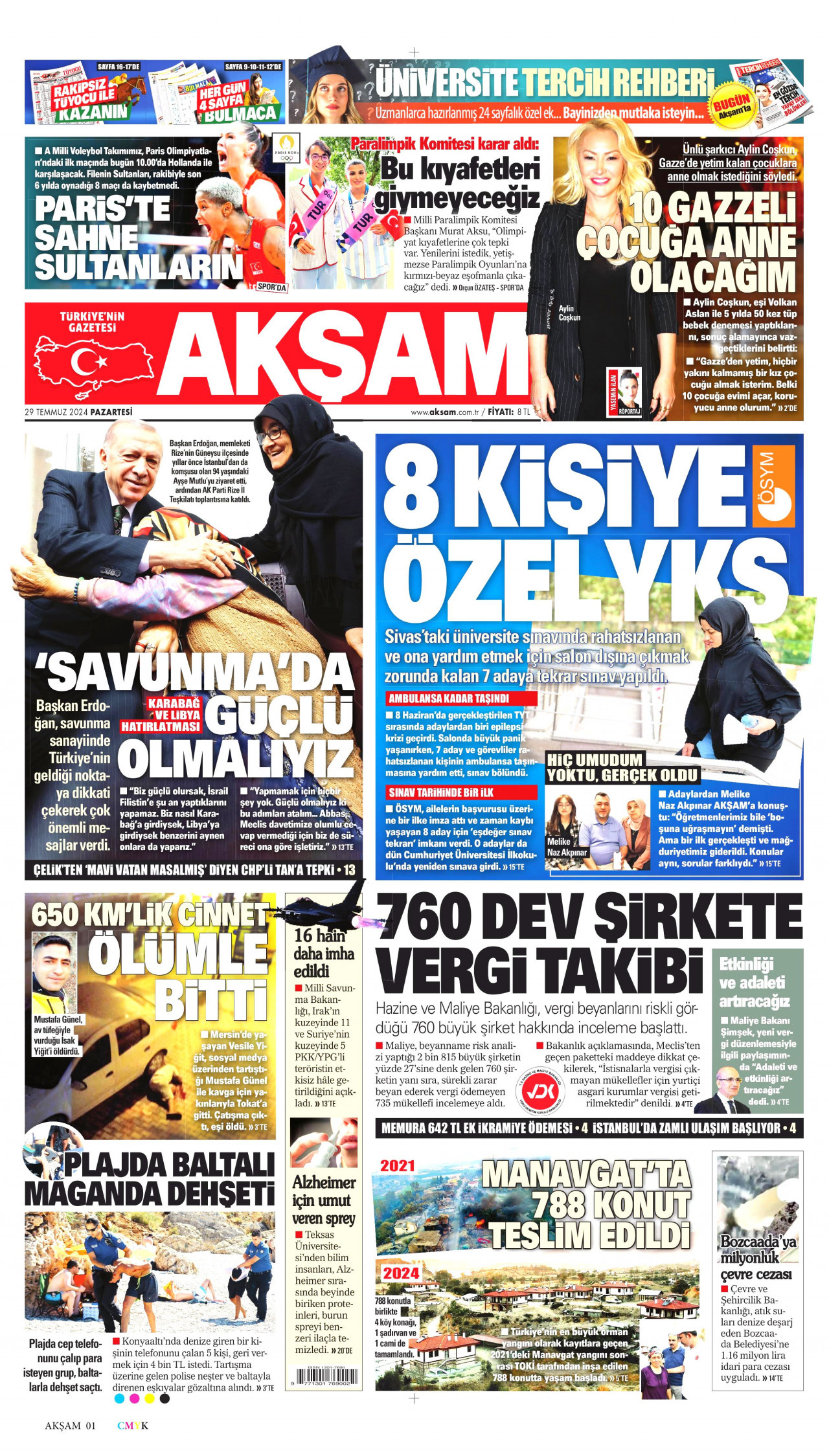 AKŞAM gazetesinin 29 Temmuz 2024 tarihli birinci sayfası