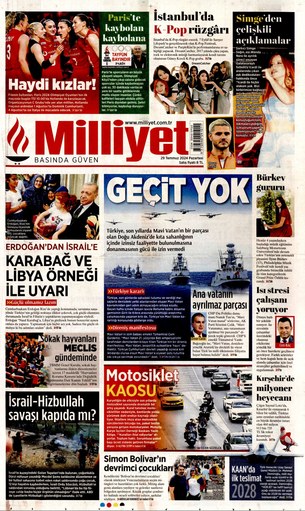 MİLLİYET gazetesinin 29 Temmuz 2024 tarihli birinci sayfası