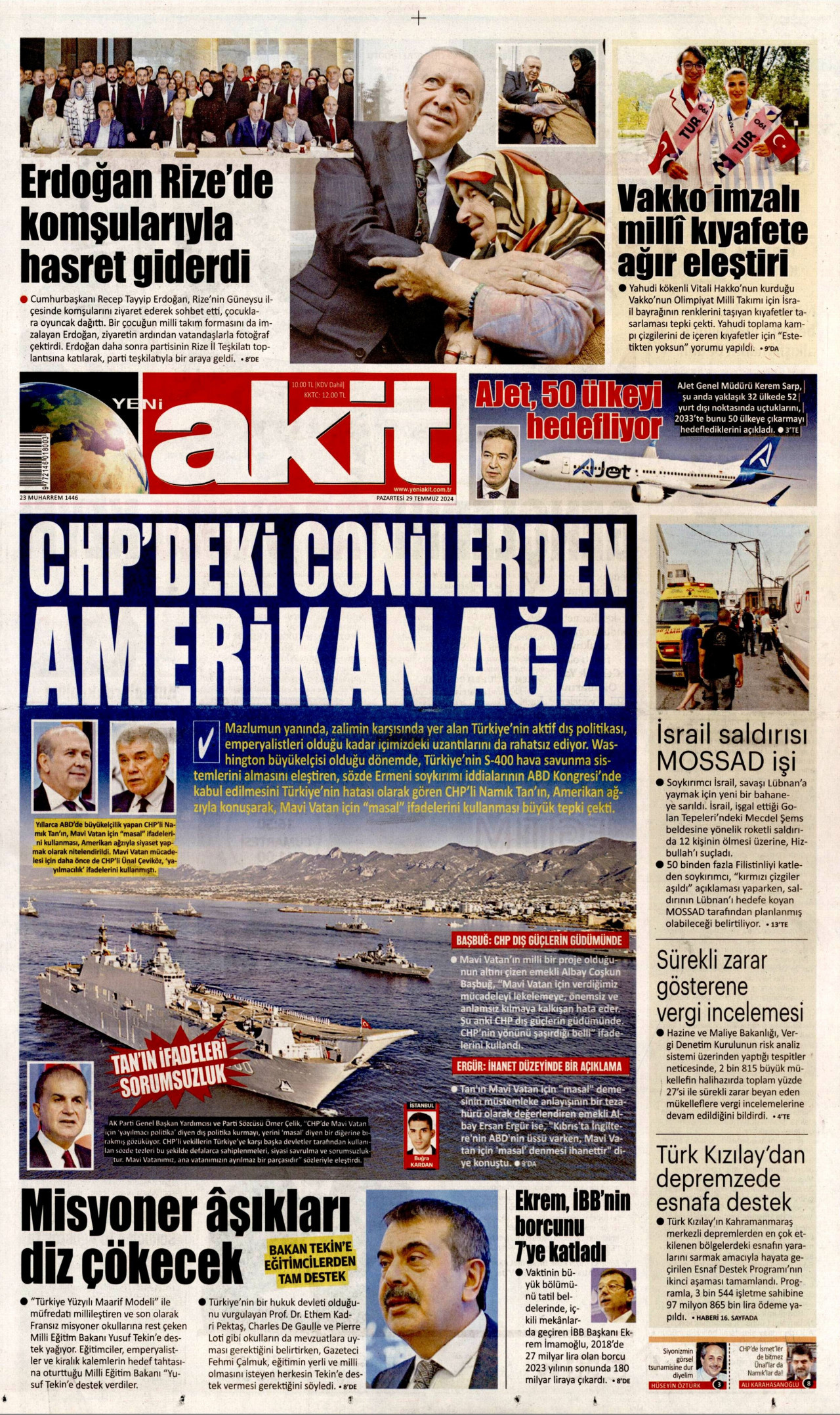 YENİ AKİT gazetesinin 29 Temmuz 2024 tarihli birinci sayfası