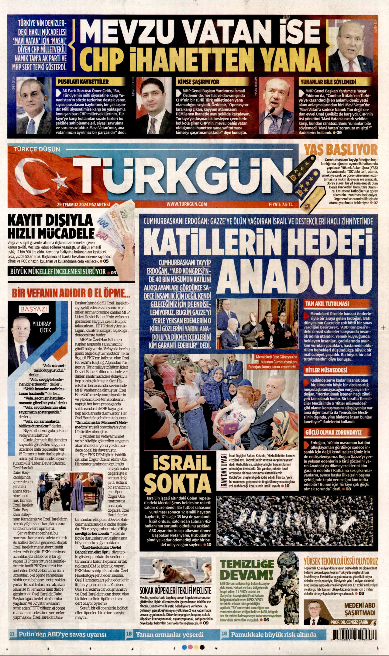 TÜRKGÜN gazetesinin 29 Temmuz 2024 tarihli birinci sayfası
