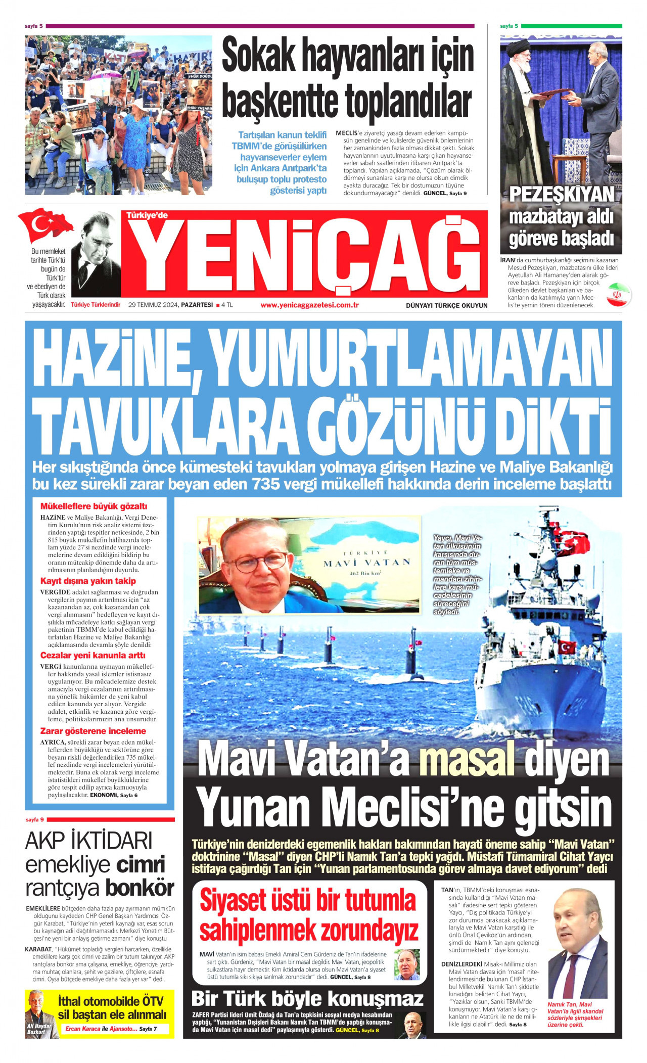YENİÇAĞ gazetesinin 29 Temmuz 2024 tarihli birinci sayfası