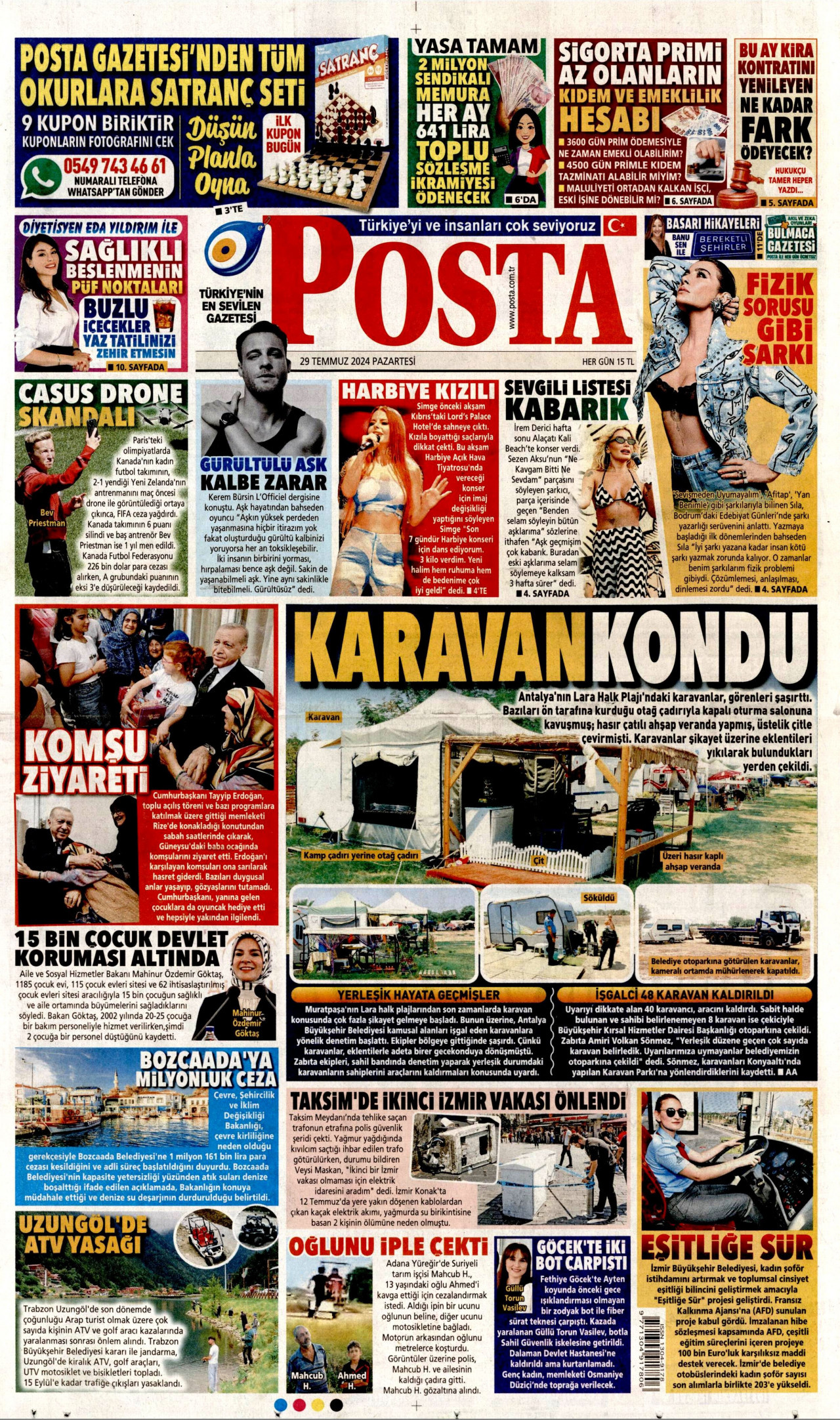 POSTA gazetesinin 29 Temmuz 2024 tarihli birinci sayfası