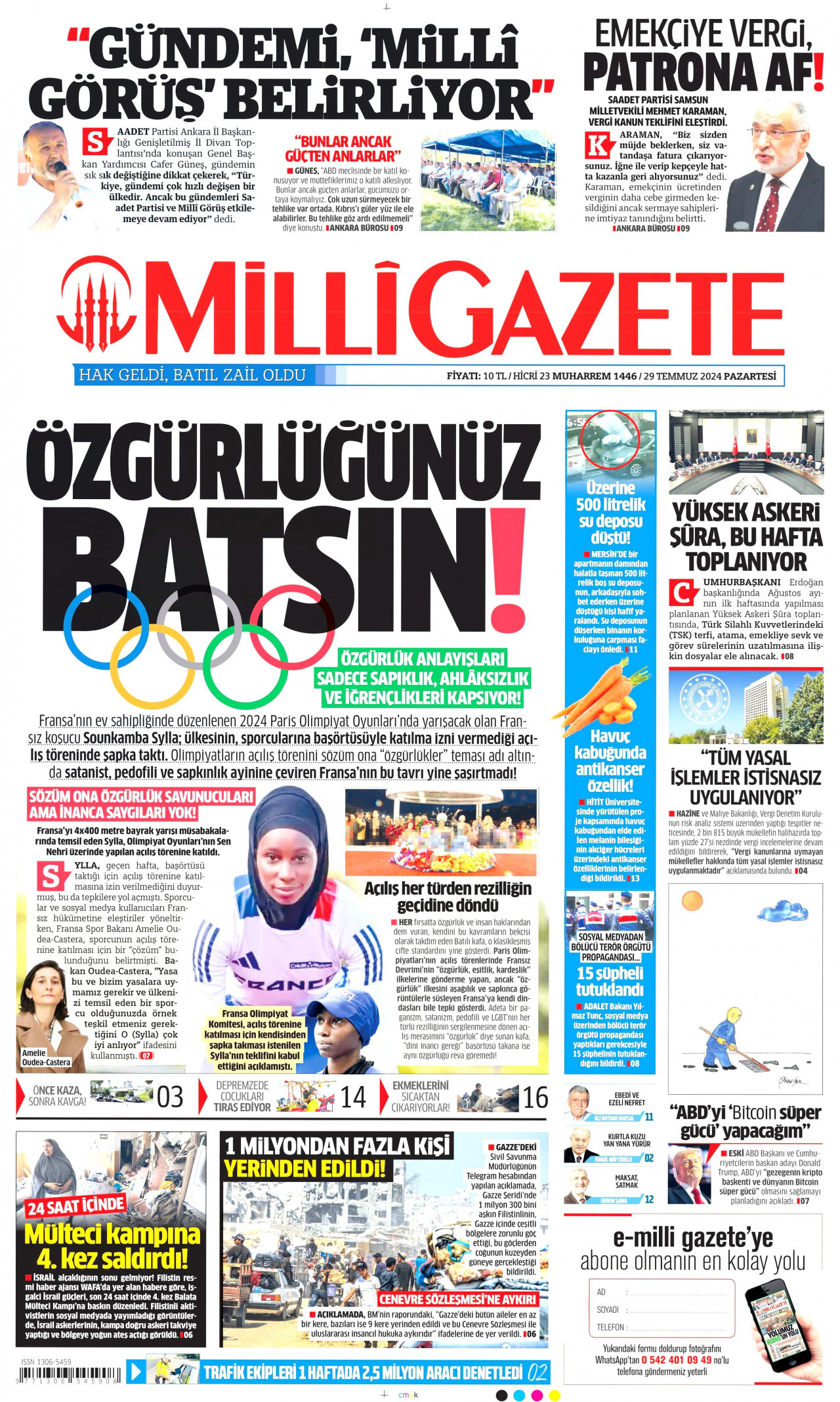 MİLLİ GAZETE gazetesinin 29 Temmuz 2024 tarihli birinci sayfası