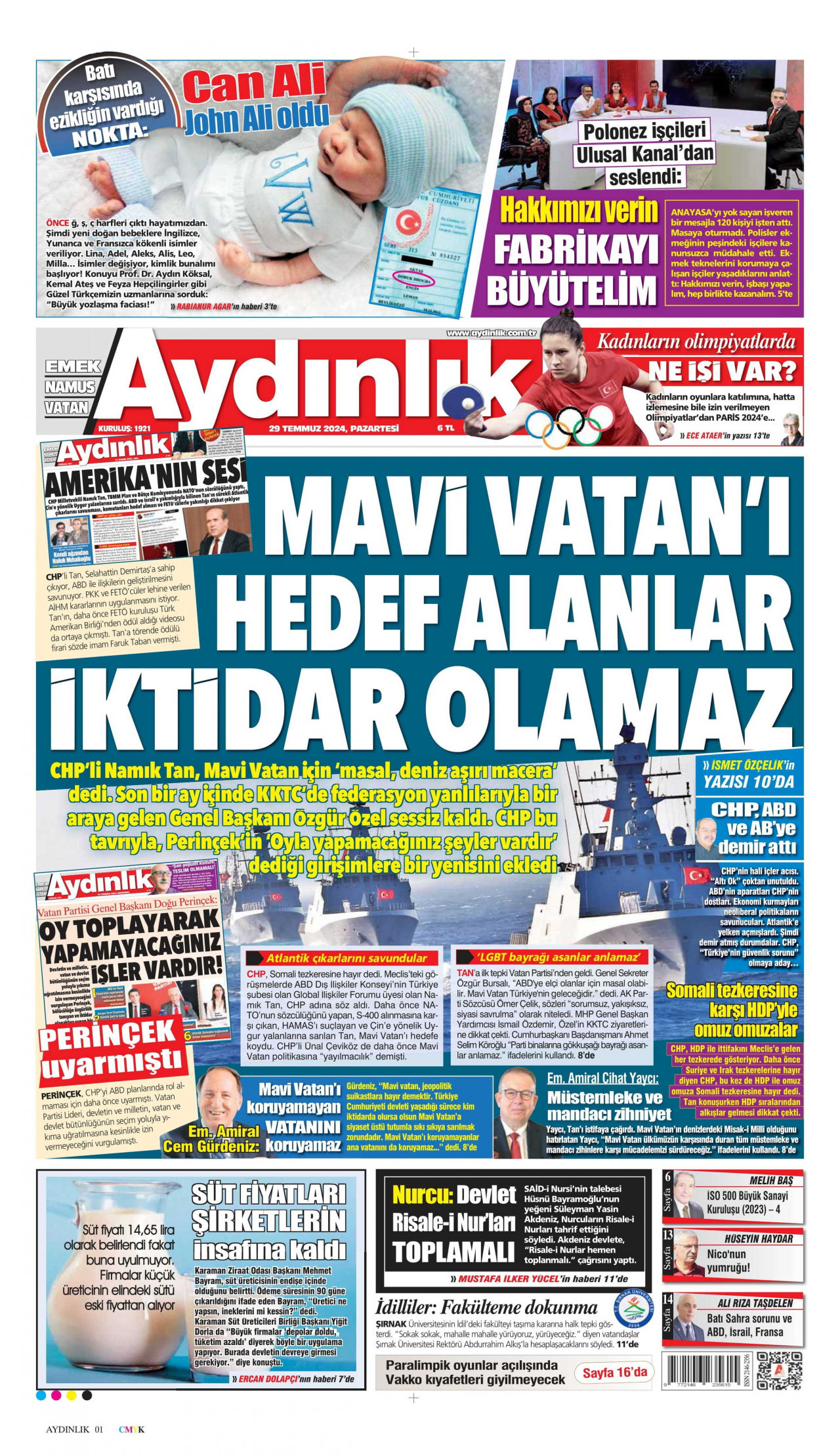 AYDINLIK GAZETESİ gazetesinin 29 Temmuz 2024 tarihli birinci sayfası