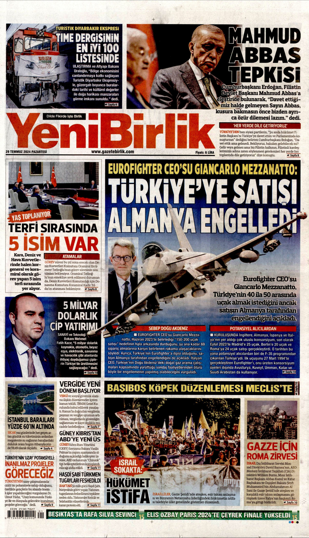 YENİBİRLİK gazetesinin 29 Temmuz 2024 tarihli birinci sayfası