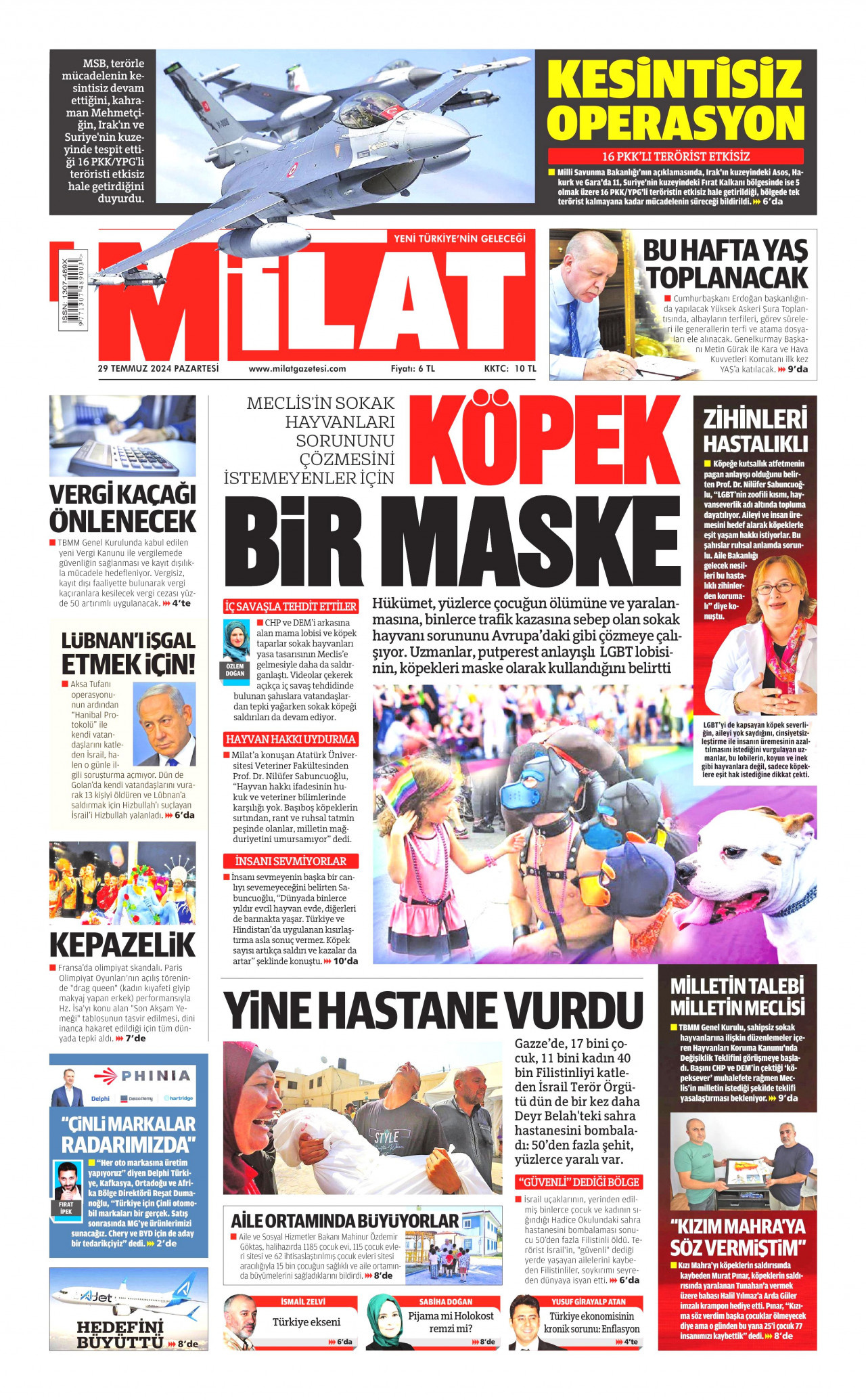 MİLAT gazetesinin 29 Temmuz 2024 tarihli birinci sayfası