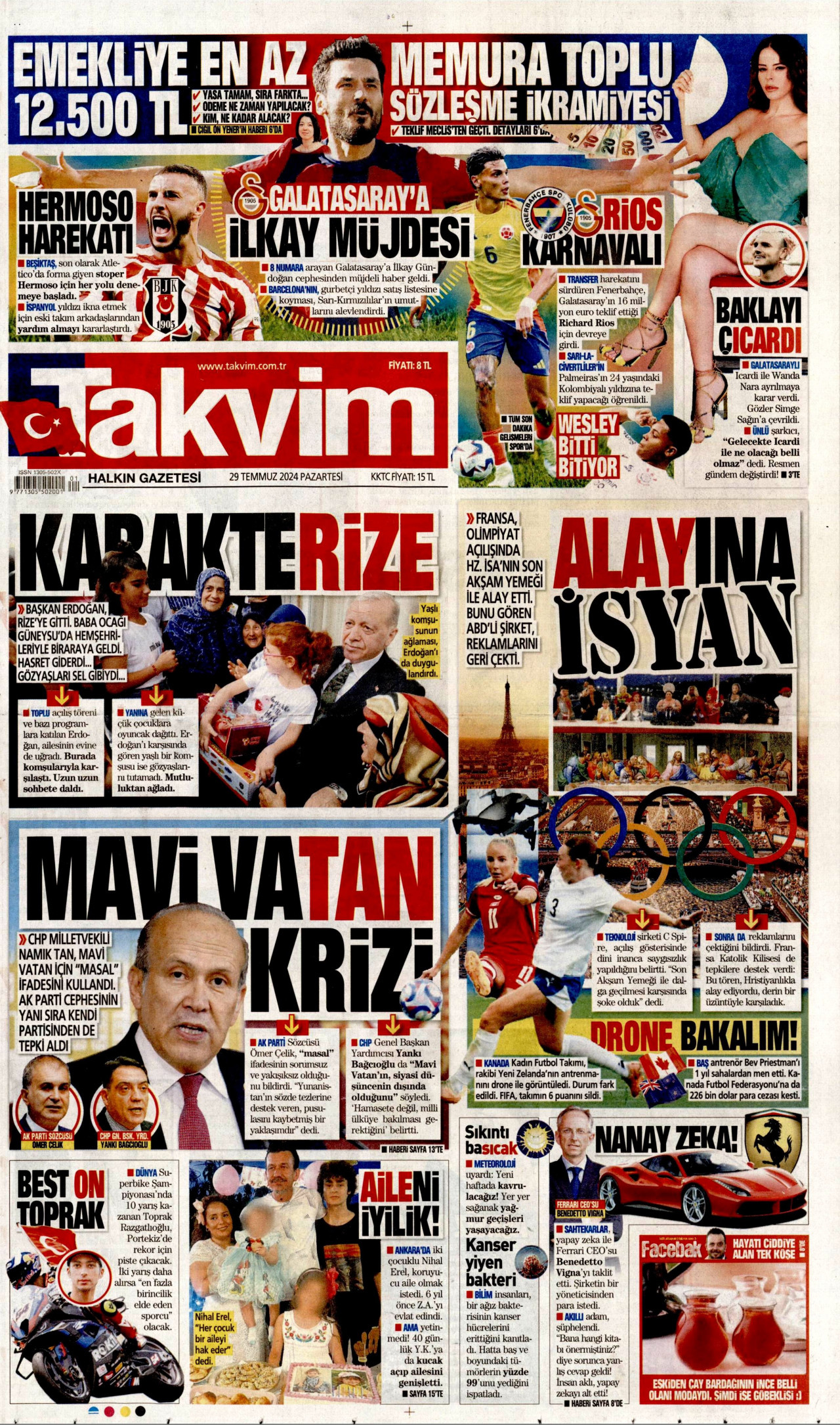 TAKVİM gazetesinin 29 Temmuz 2024 tarihli birinci sayfası