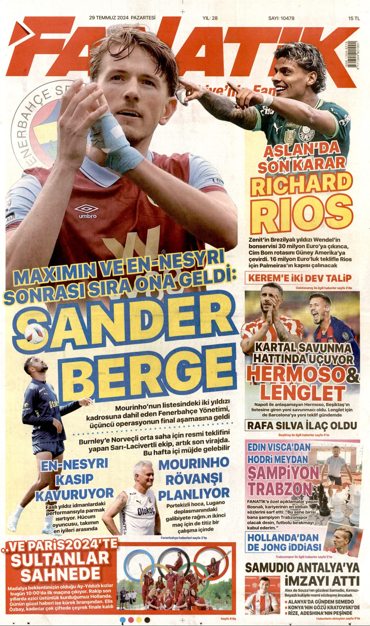 FANATİK gazetesinin 29 Temmuz 2024 tarihli birinci sayfası