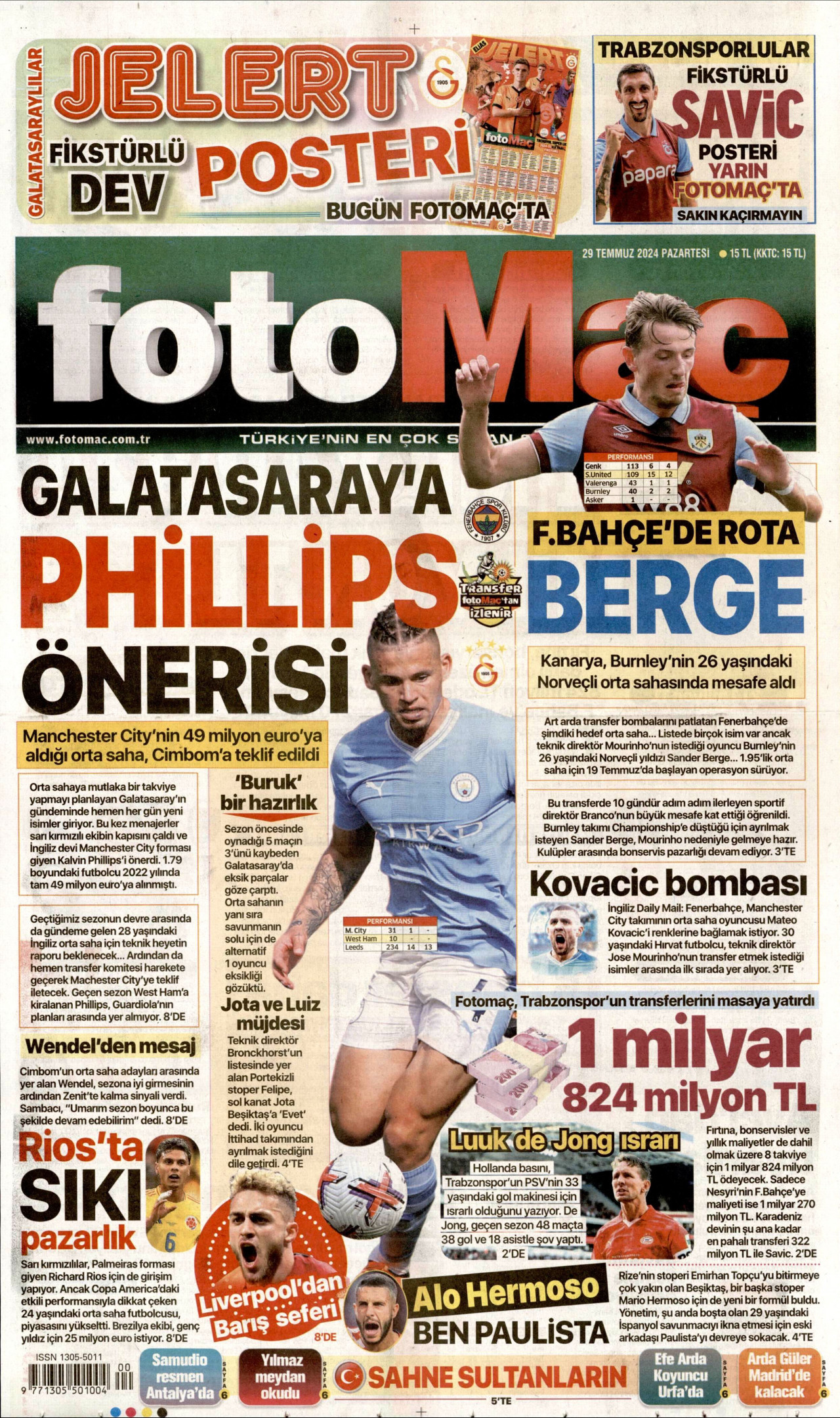 FOTOMAÇ gazetesinin 29 Temmuz 2024 tarihli birinci sayfası