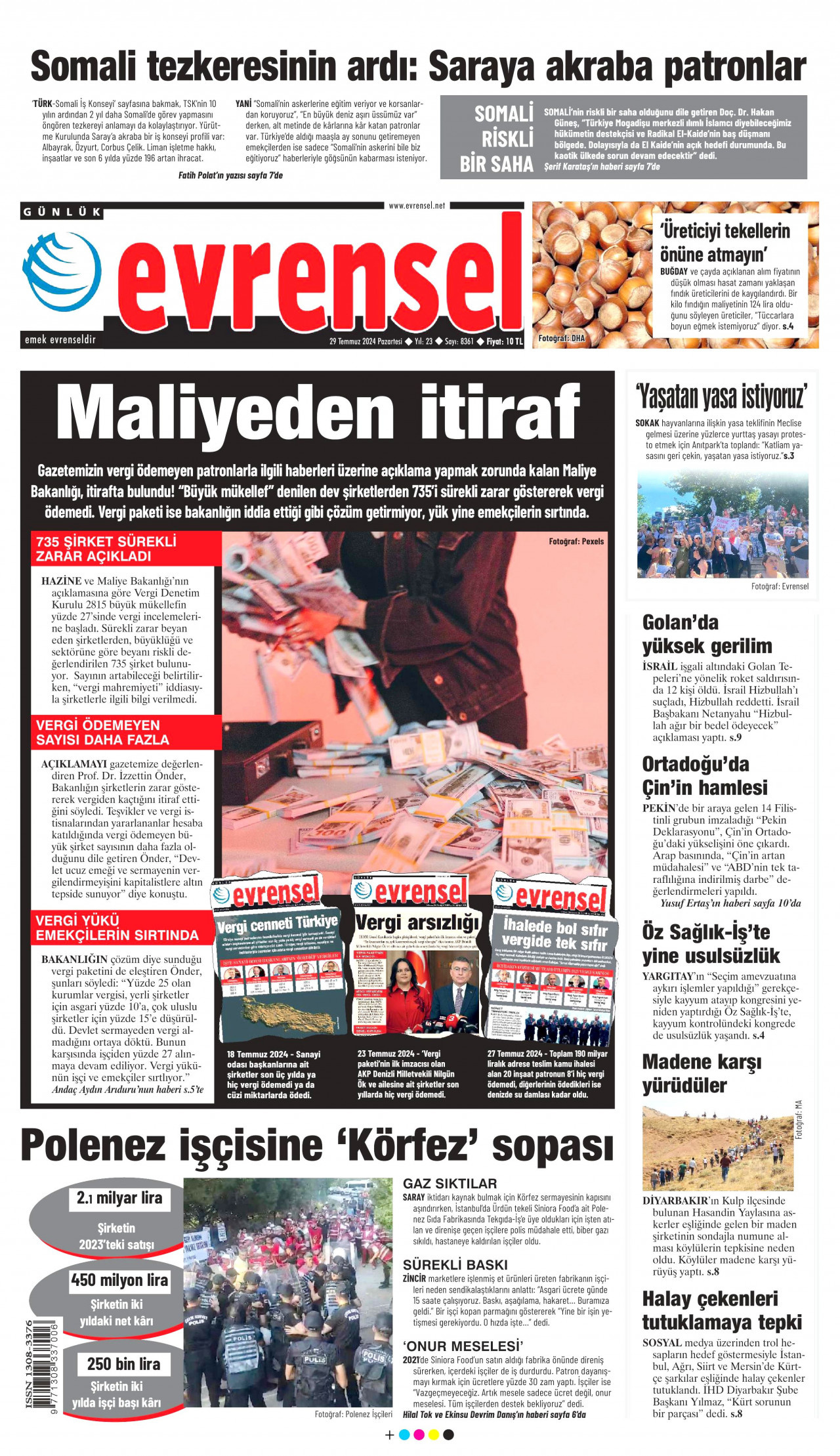EVRENSEL gazetesinin 29 Temmuz 2024 tarihli birinci sayfası