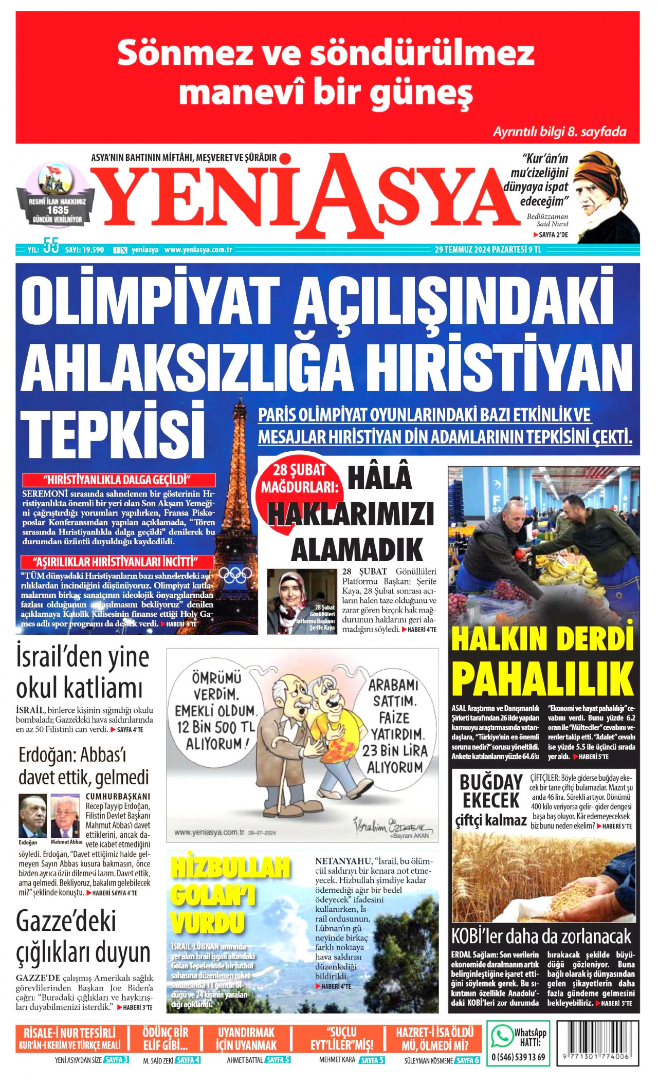 YENİ ASYA gazetesinin 29 Temmuz 2024 tarihli birinci sayfası