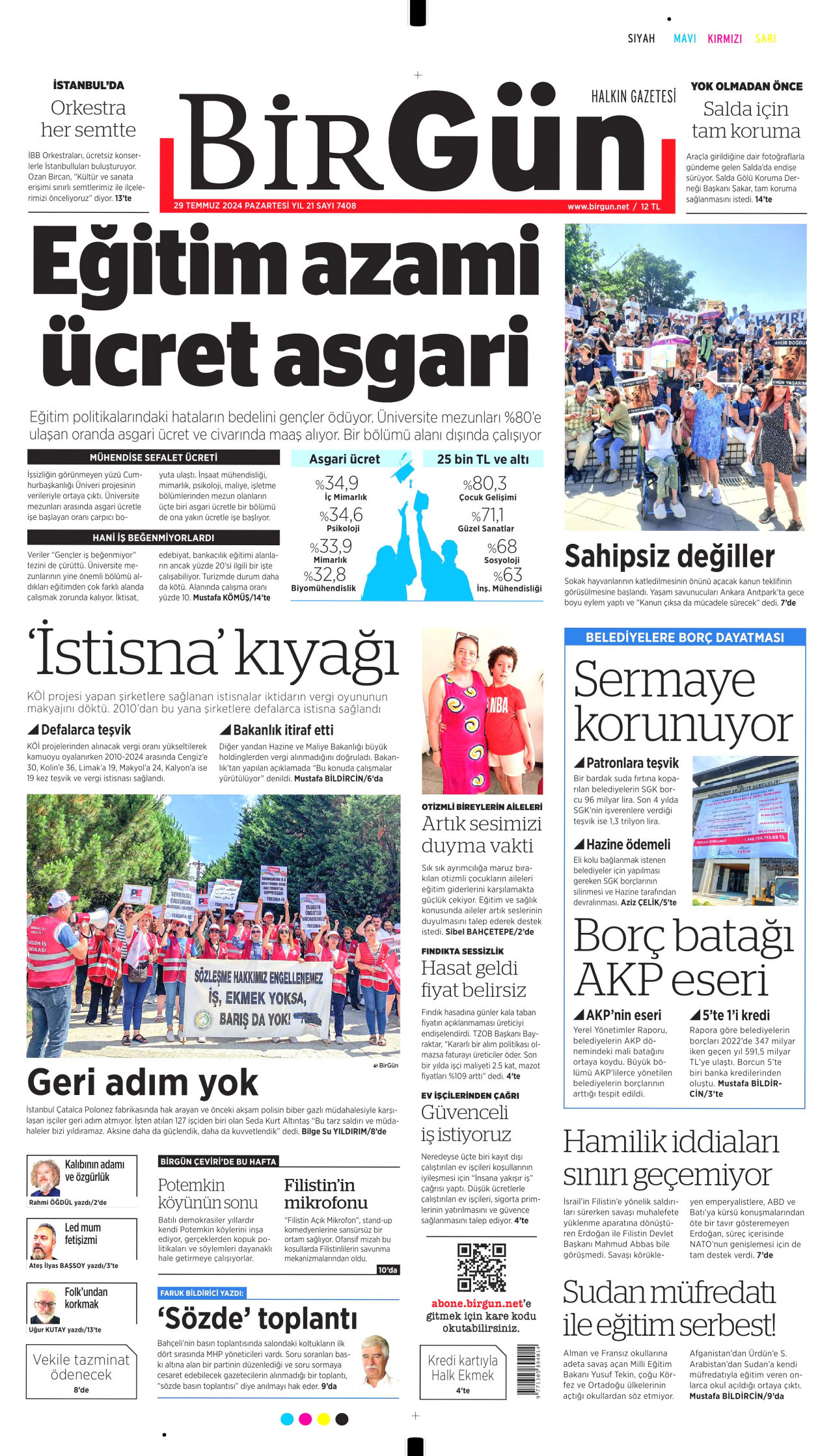 BİRGÜN gazetesinin 29 Temmuz 2024 tarihli birinci sayfası